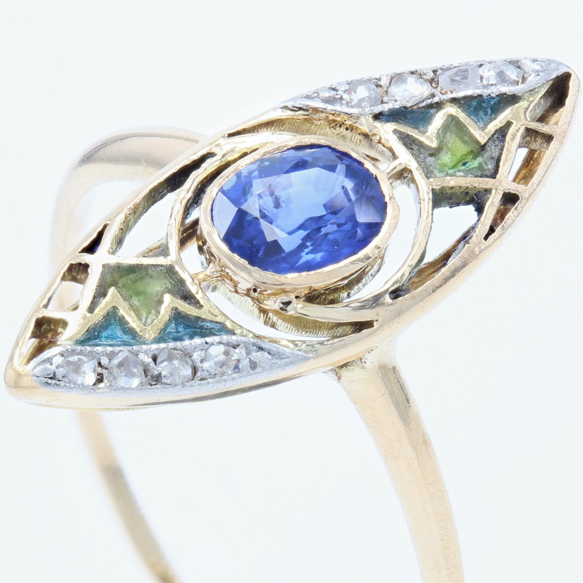 1900s Art Nouveau Sapphire Enamel 18 Karat Yellow Gold Ring For Sale 4