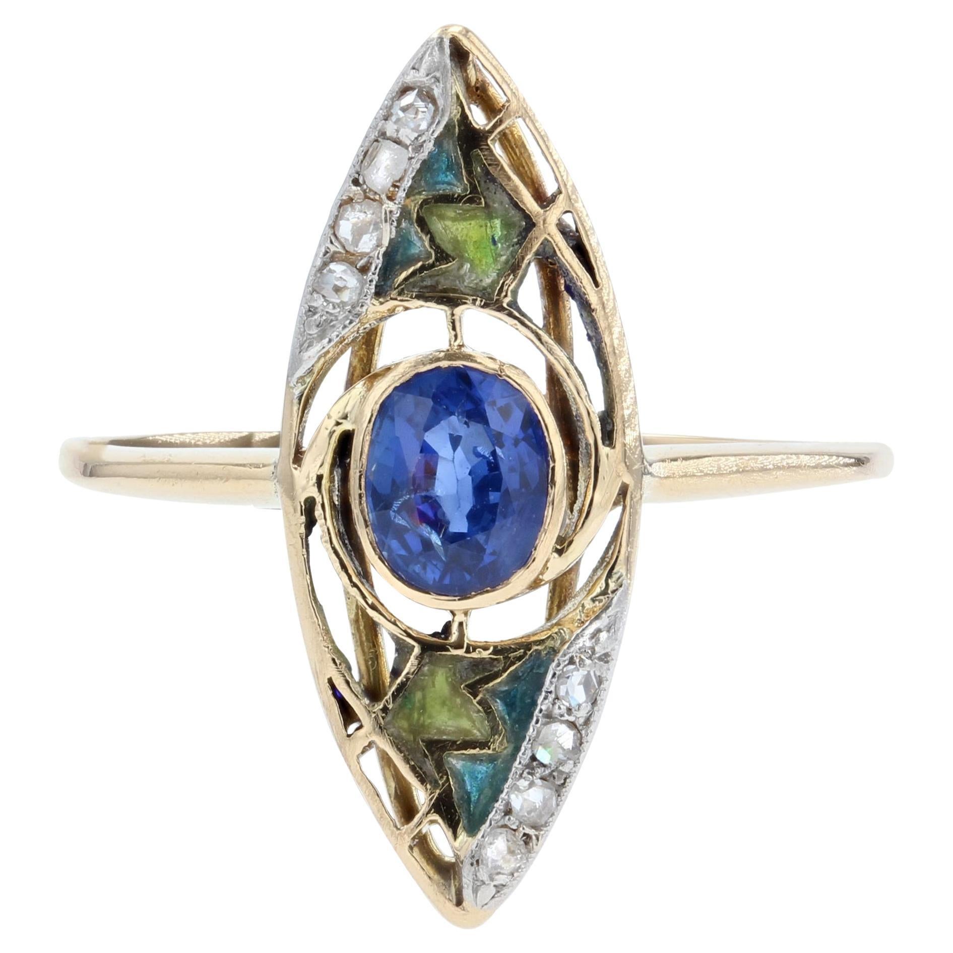 1900s Art Nouveau Sapphire Enamel 18 Karat Yellow Gold Ring For Sale