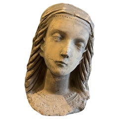 Antique 1900s Art Nouveau Sicilian Terracotta Head of a Young Woman