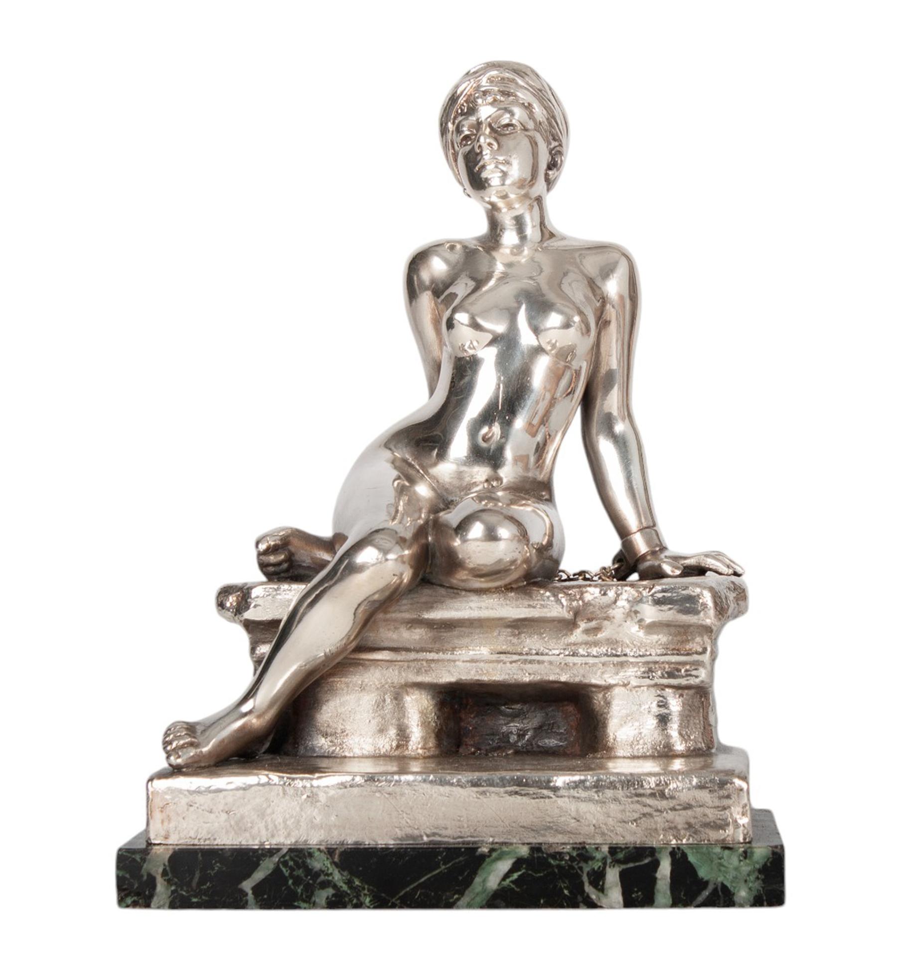 1900s Art Nouveau silvered bronze captive woman sculpture with marble base by Emmanuel Villanis, France

By: Emmanuel Villanis
Material: metal, bronze, copper, marble, stone
Technique: cast, molded, silvered, polished, metalwork,
