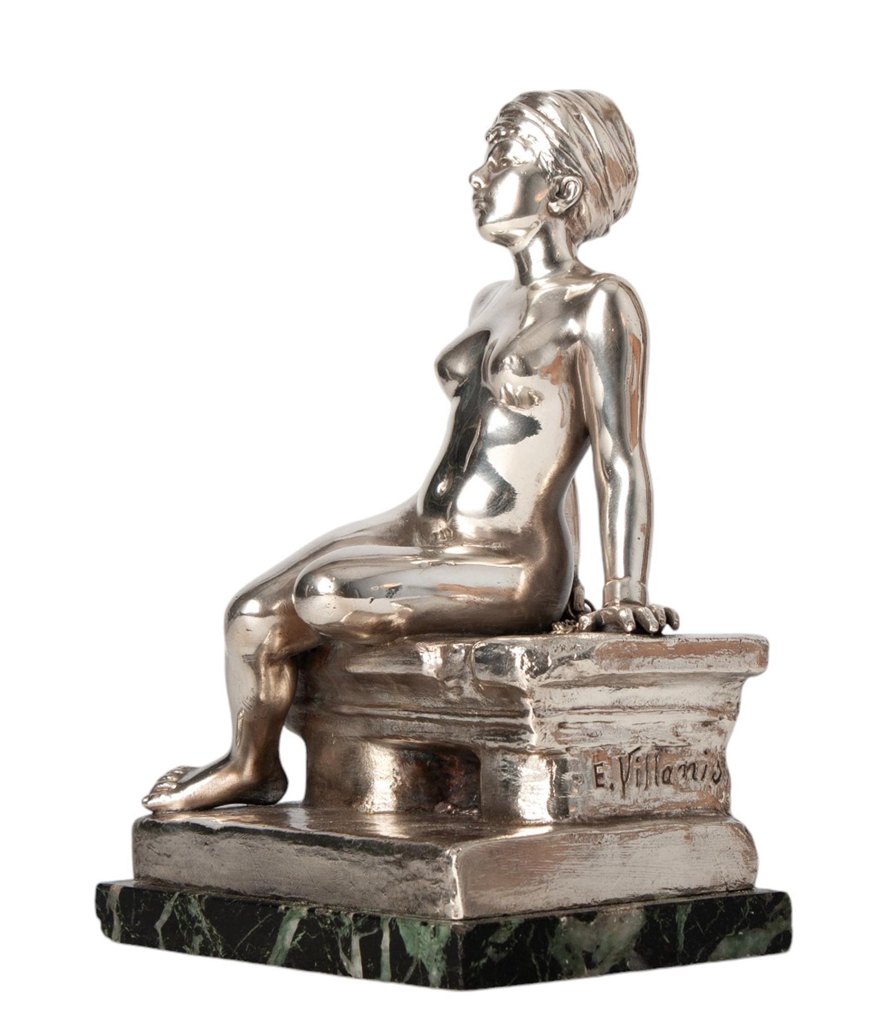French 1900s Art Nouveau Silvered Bronce Captive Woman Sculpture by E. Villanis, France