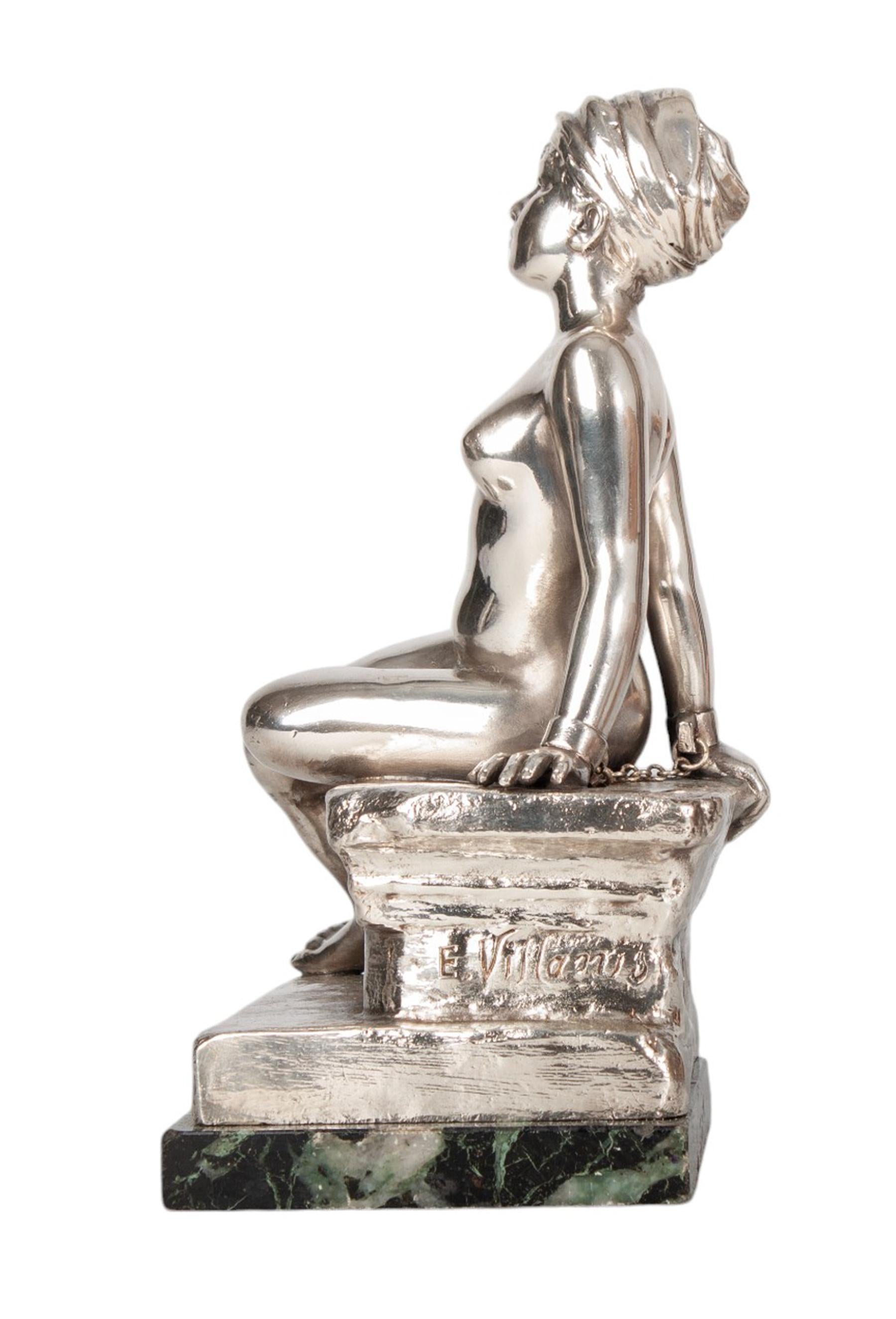 Cast 1900s Art Nouveau Silvered Bronce Captive Woman Sculpture by E. Villanis, France