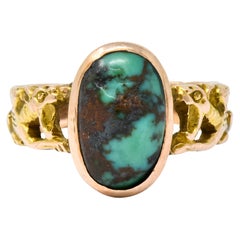 1900s Art Nouveau Turquoise 14 Karat Gold Simargl Band Ring