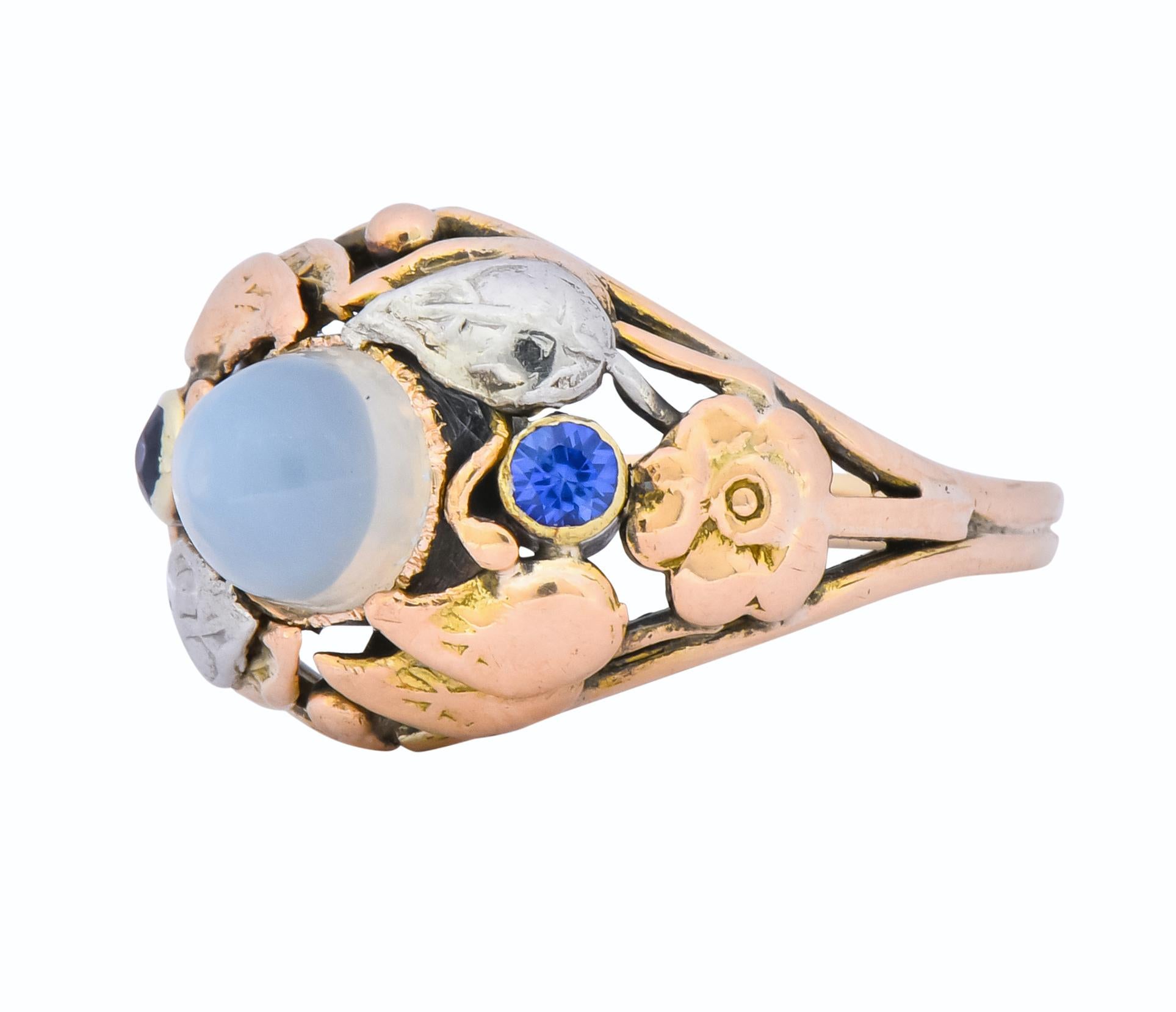 Women's or Men's 1900s Arts & Crafts Moonstone Sapphire 14 Karat Gold Floral Ring