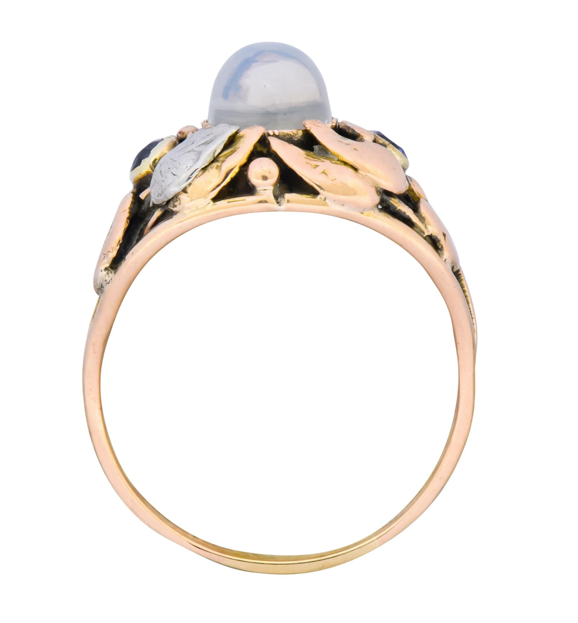 1900s Arts & Crafts Moonstone Sapphire 14 Karat Gold Floral Ring 1