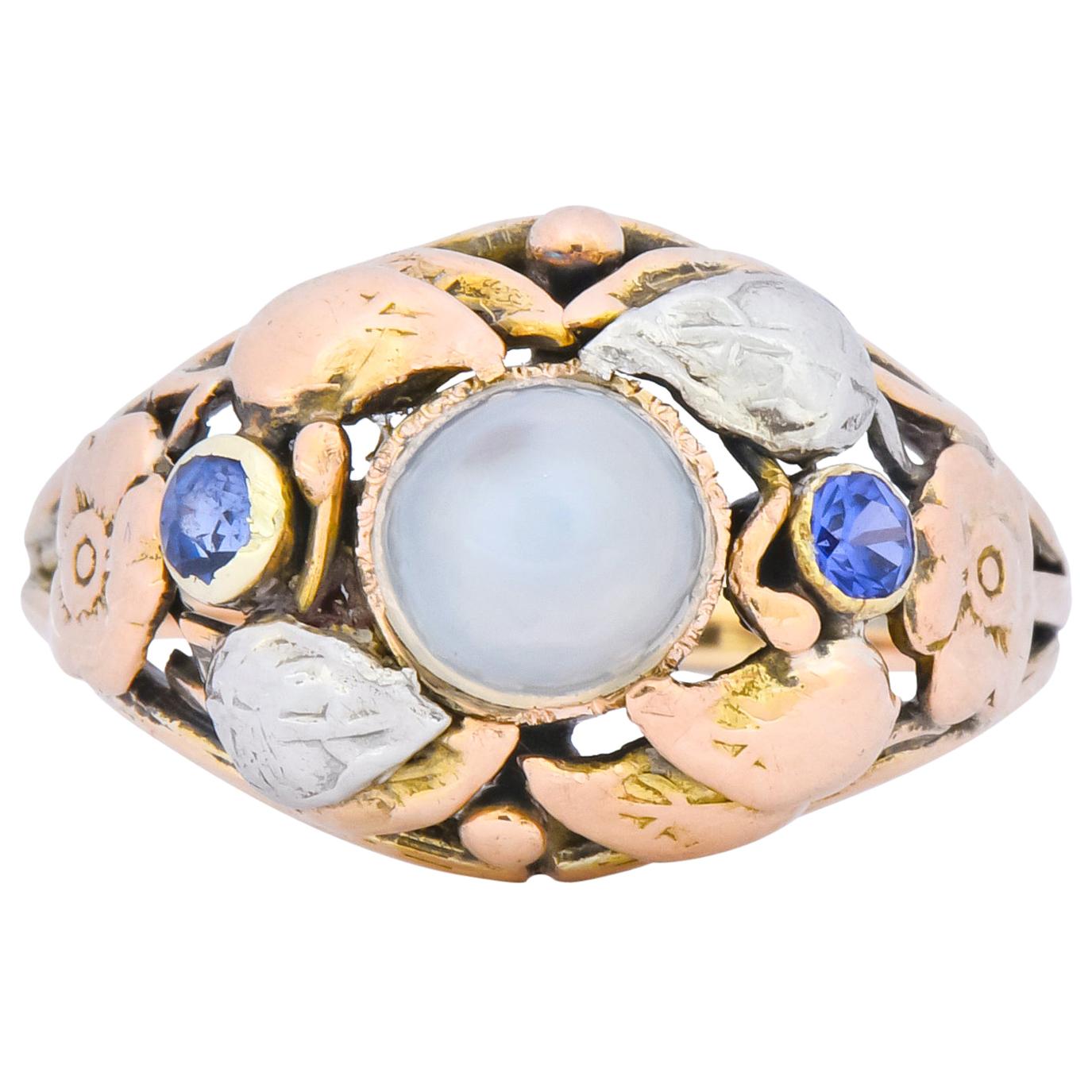 1900s Arts & Crafts Moonstone Sapphire 14 Karat Gold Floral Ring