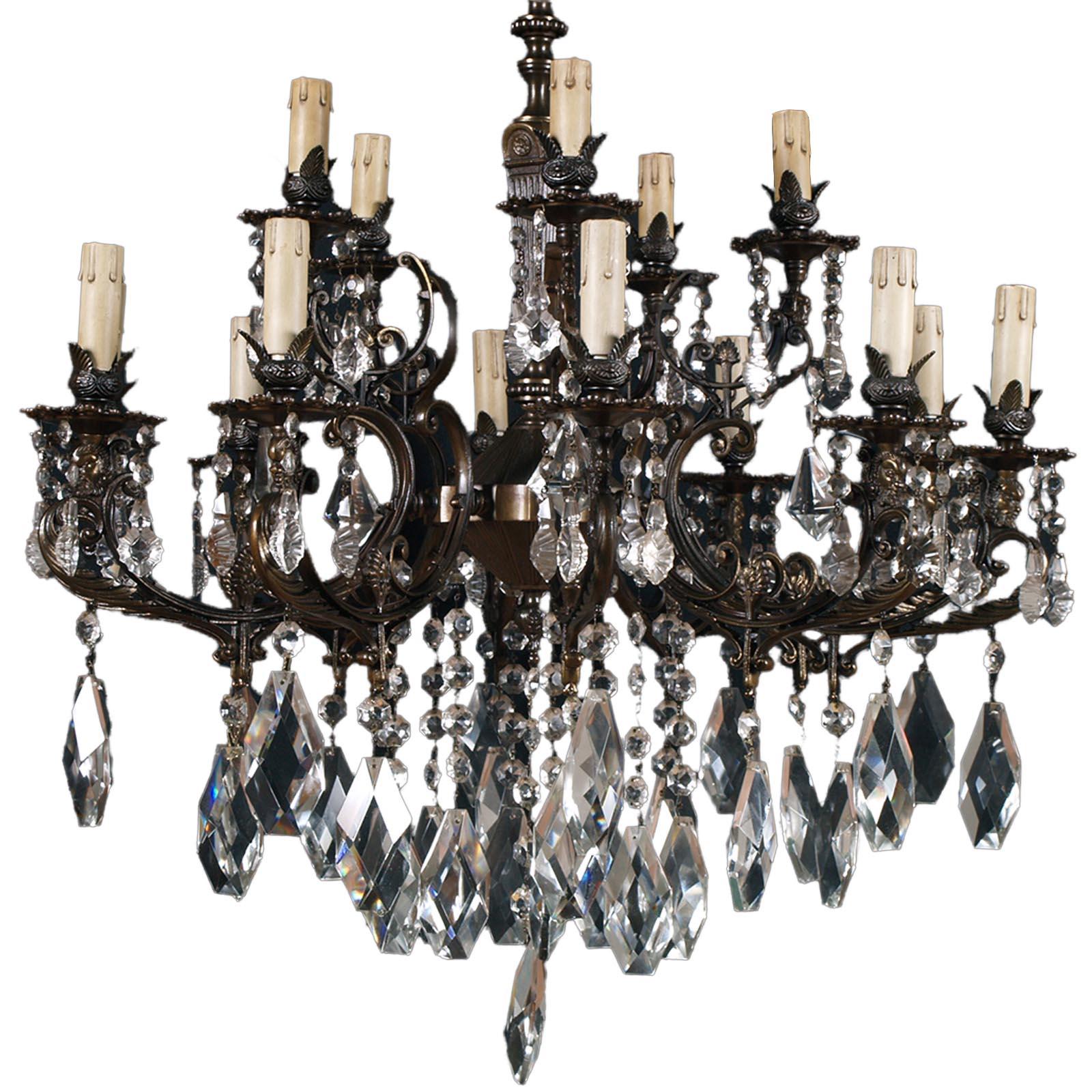Directoire Lustre de plafond autrichien 1900 à 14 Lights, bronze bruni, cristal Swarovski en vente