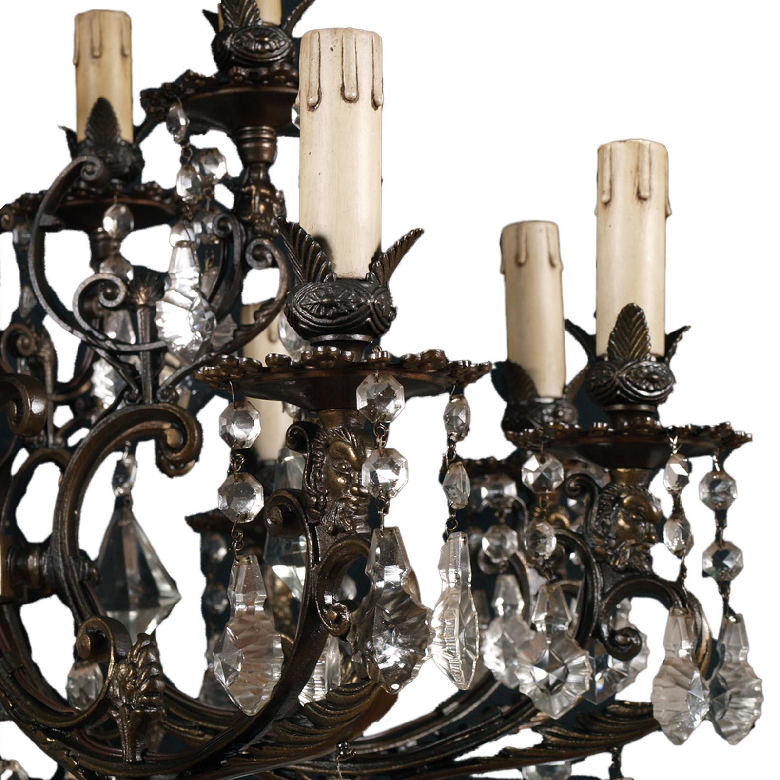 19th Century 1900s Austrian Ceiling Chandelier 14 Lights, Burnished Bronze Swarovsky Crystal For Sale