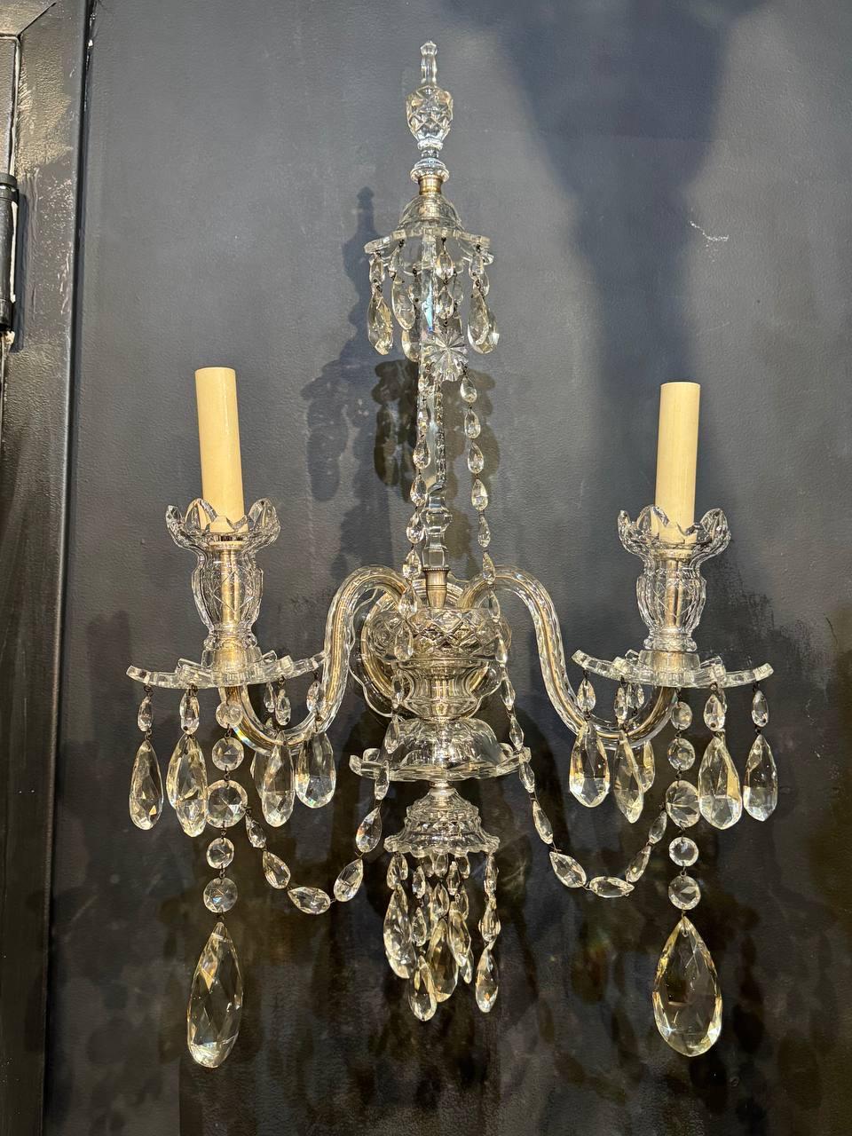 Early 20th Century 1900’s Baccarat 2 Lights Crystal Sconces - Pair  For Sale