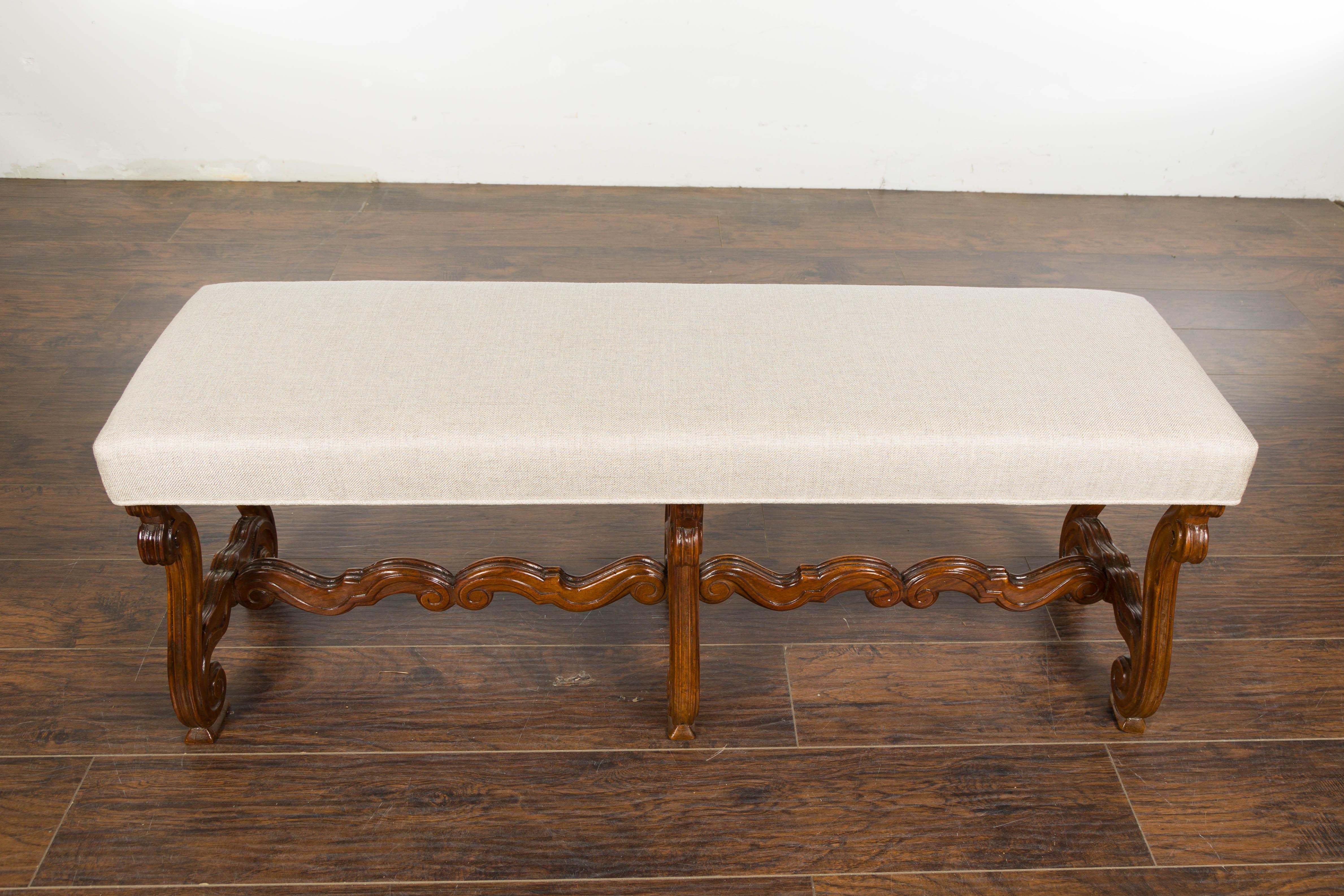 1900s Baroque Style French Walnut Upholstered Bench with Lyre Shaped Base 4