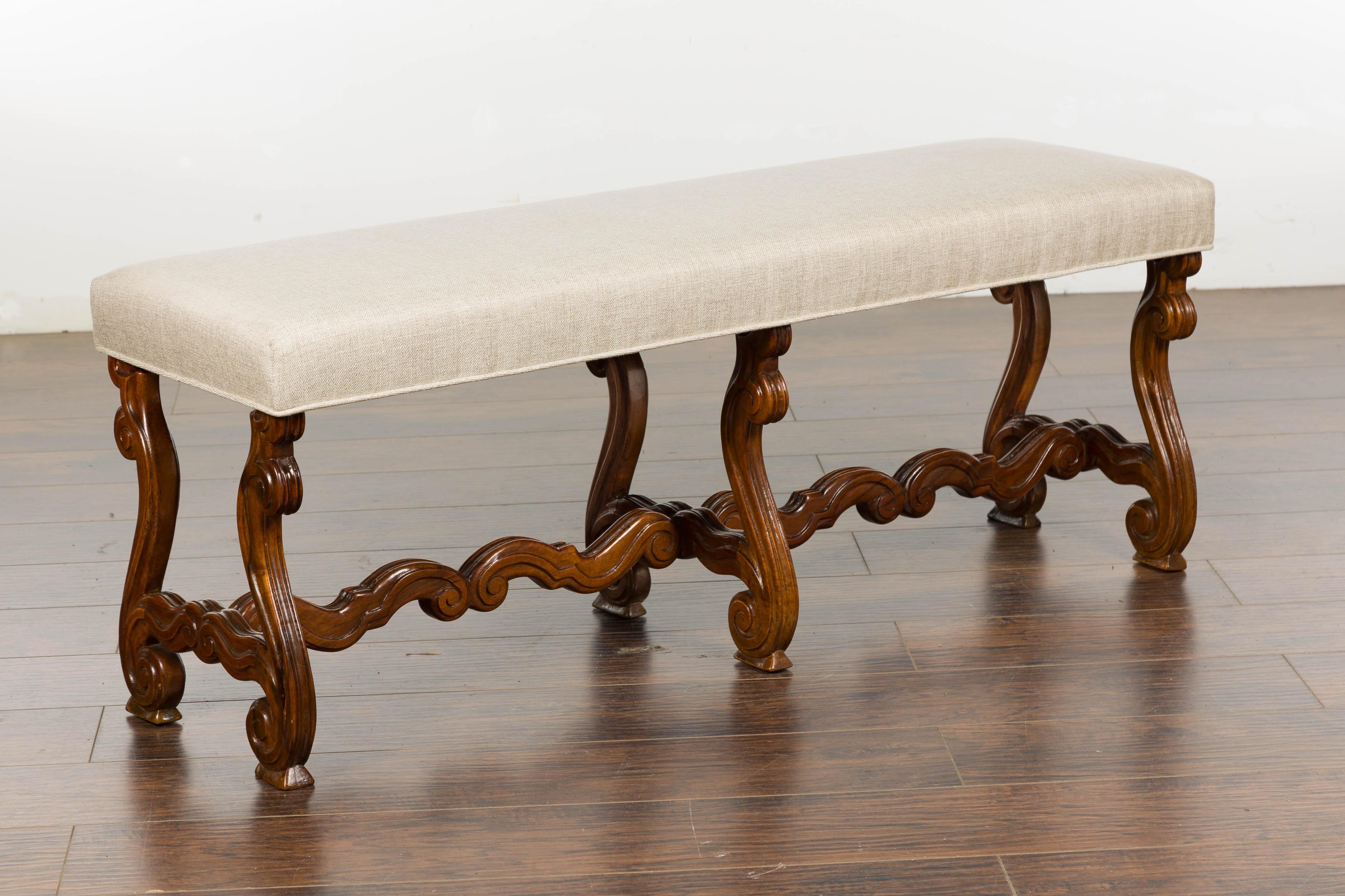 1900s Baroque Style French Walnut Upholstered Bench with Lyre Shaped Base 5
