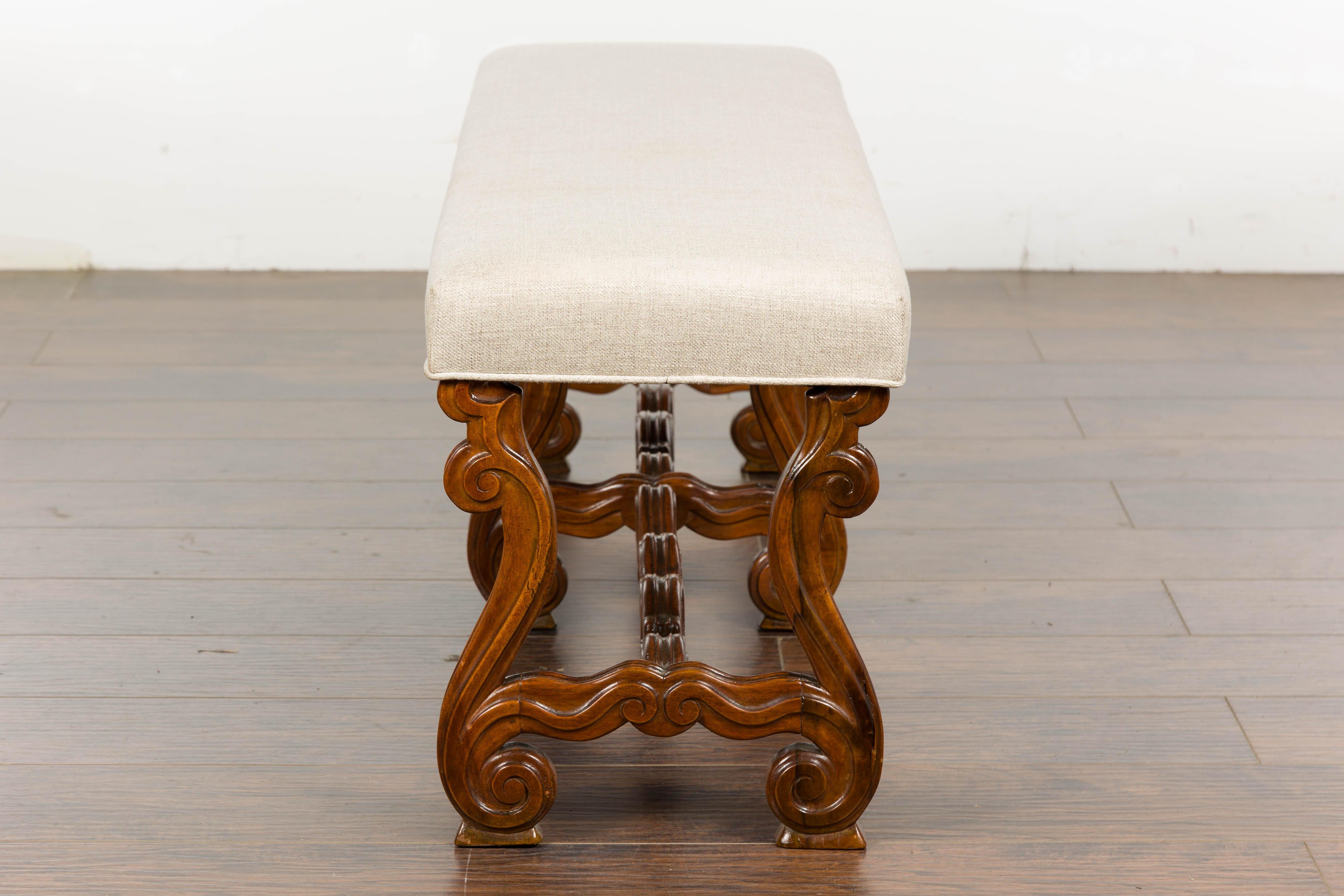 1900s Baroque Style French Walnut Upholstered Bench with Lyre Shaped Base 6