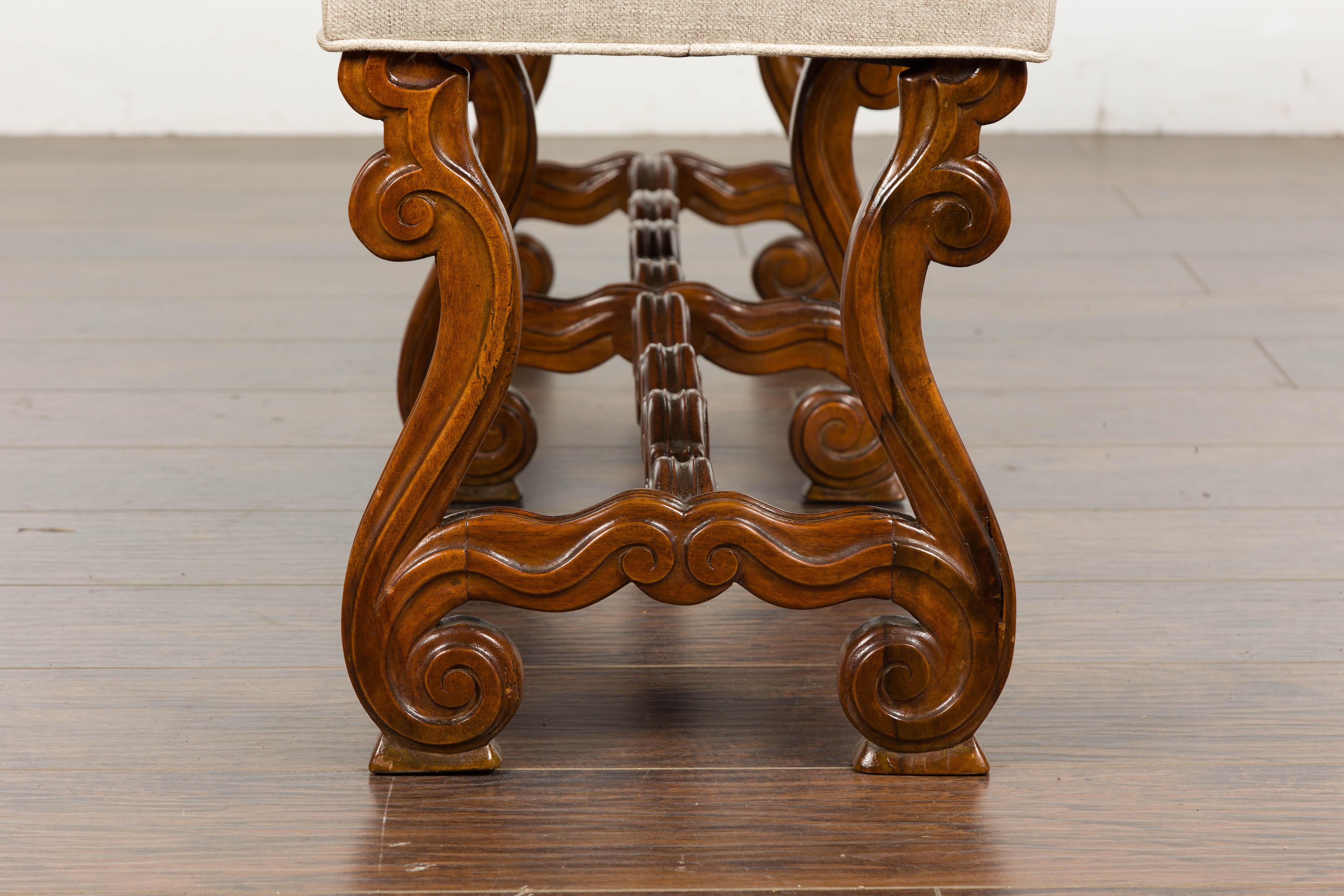 1900s Baroque Style French Walnut Upholstered Bench with Lyre Shaped Base 8