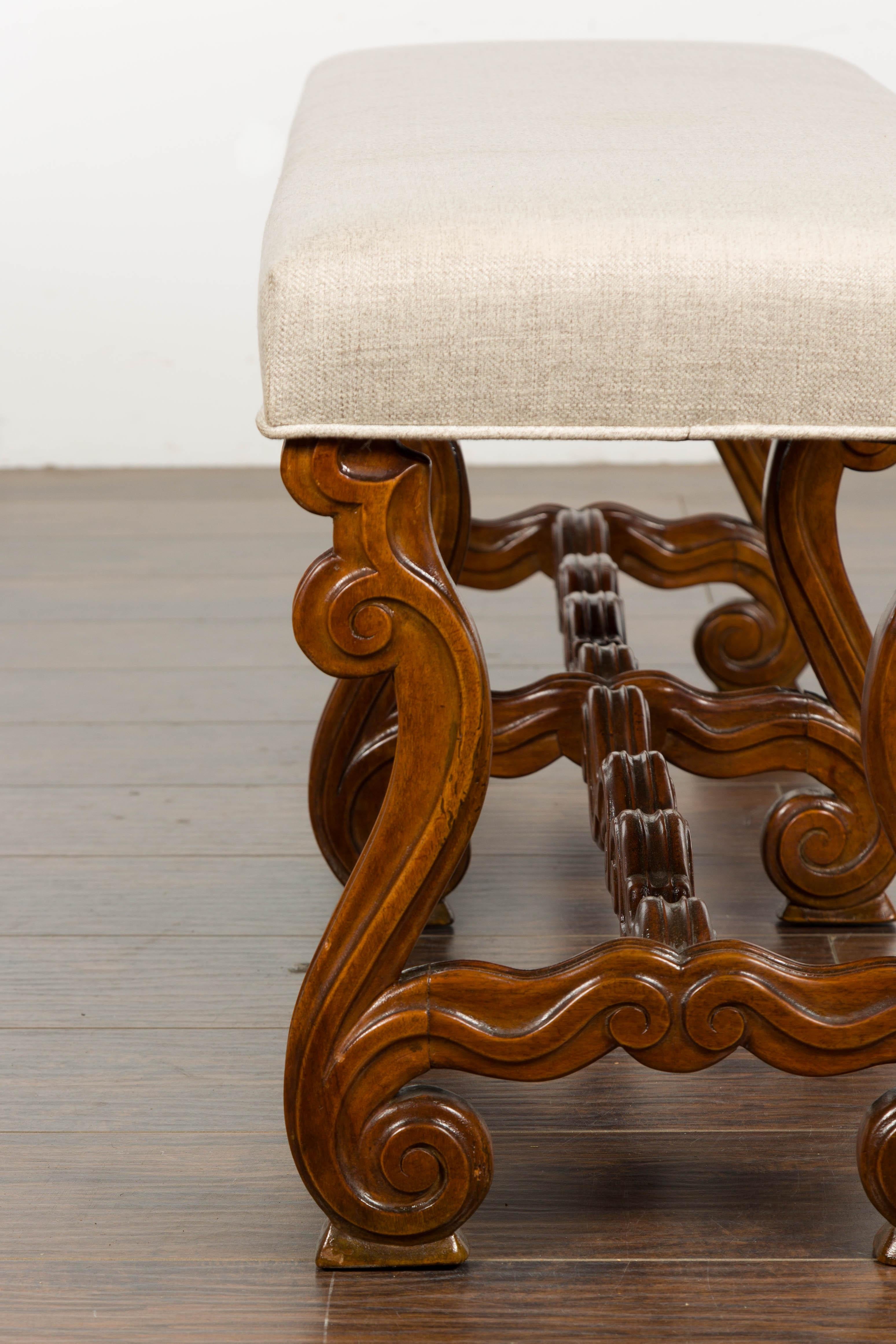 1900s Baroque Style French Walnut Upholstered Bench with Lyre Shaped Base 9