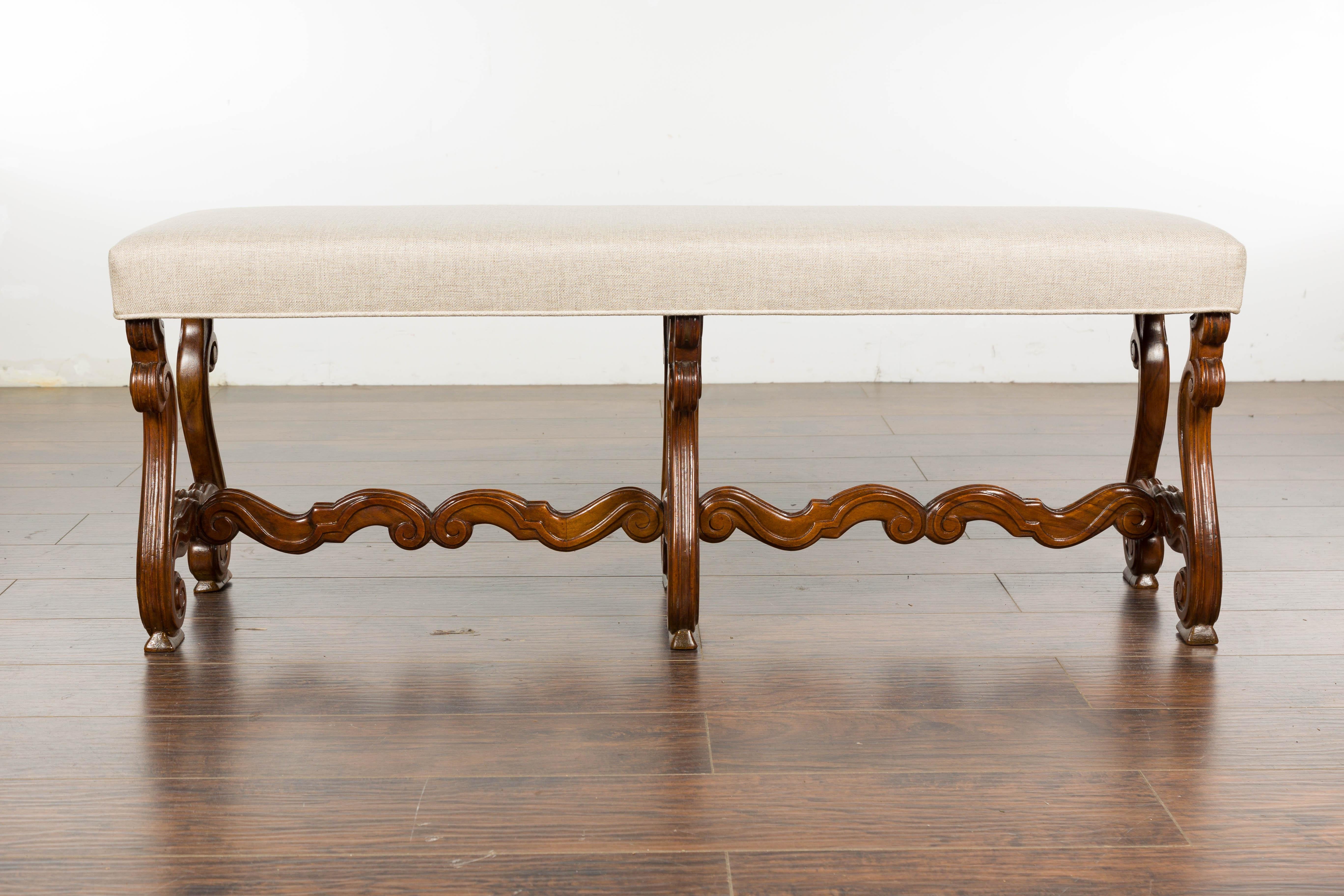 1900s Baroque Style French Walnut Upholstered Bench with Lyre Shaped Base 10