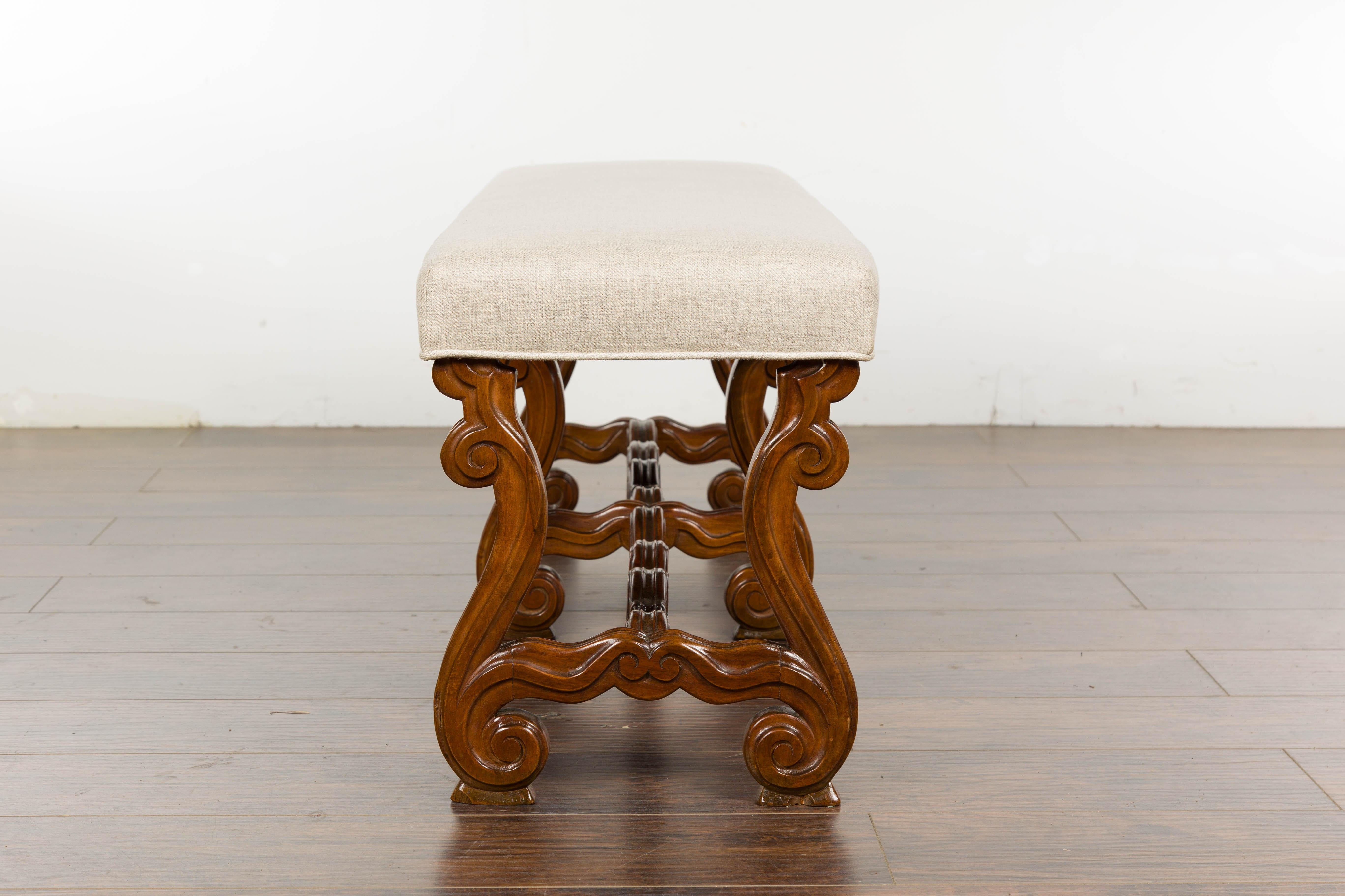 1900s Baroque Style French Walnut Upholstered Bench with Lyre Shaped Base 11
