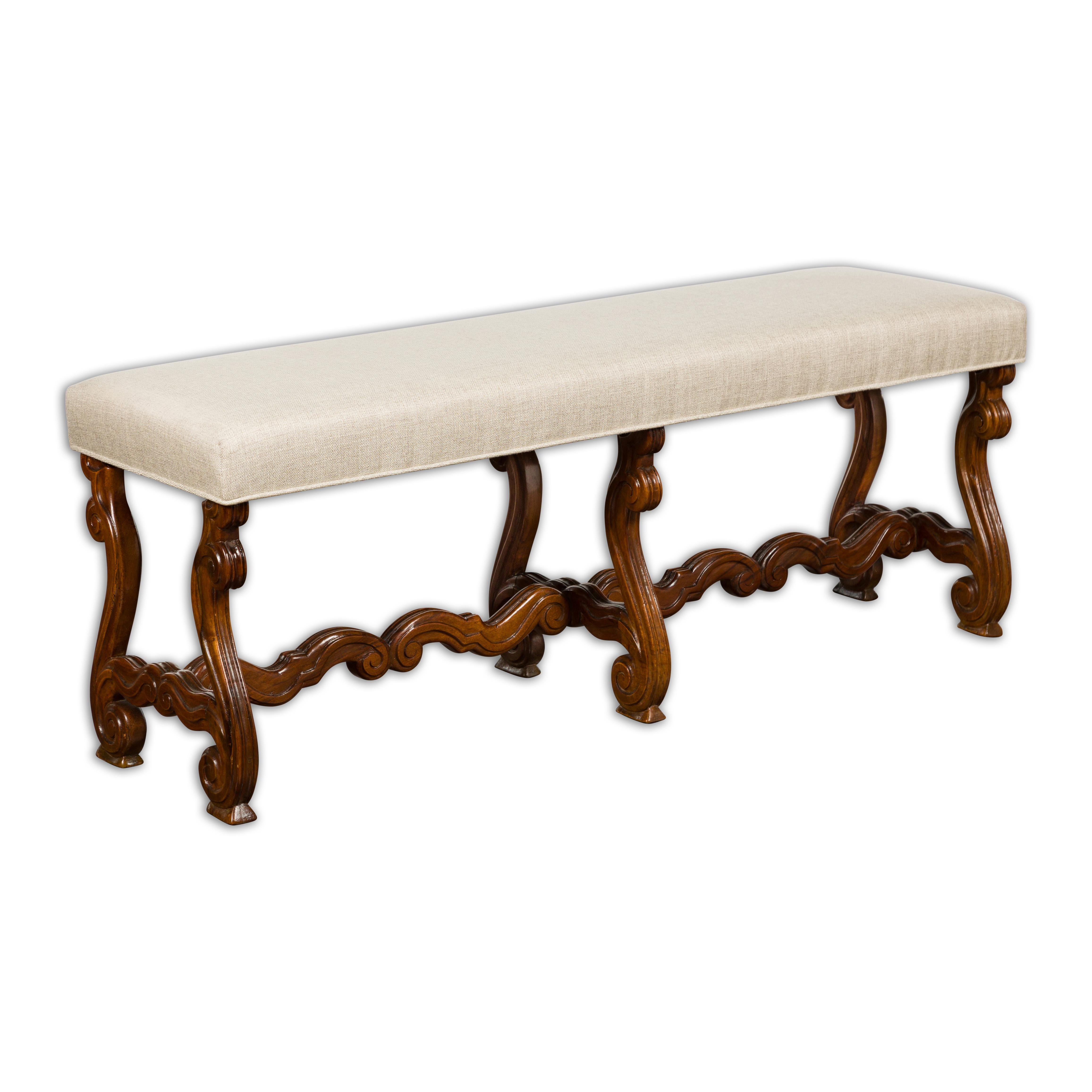 1900s Baroque Style French Walnut Upholstered Bench with Lyre Shaped Base 12
