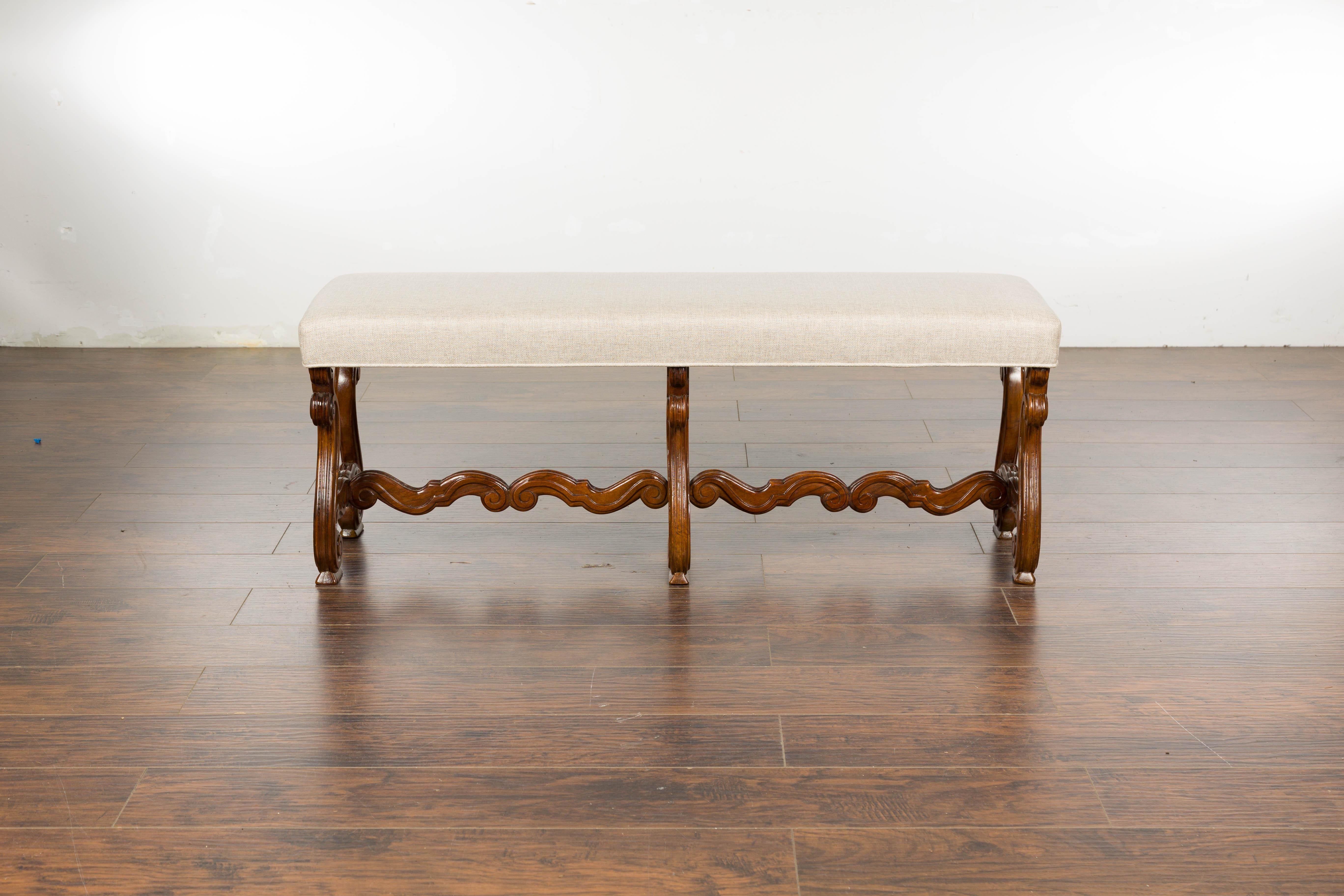 Carved 1900s Baroque Style French Walnut Upholstered Bench with Lyre Shaped Base