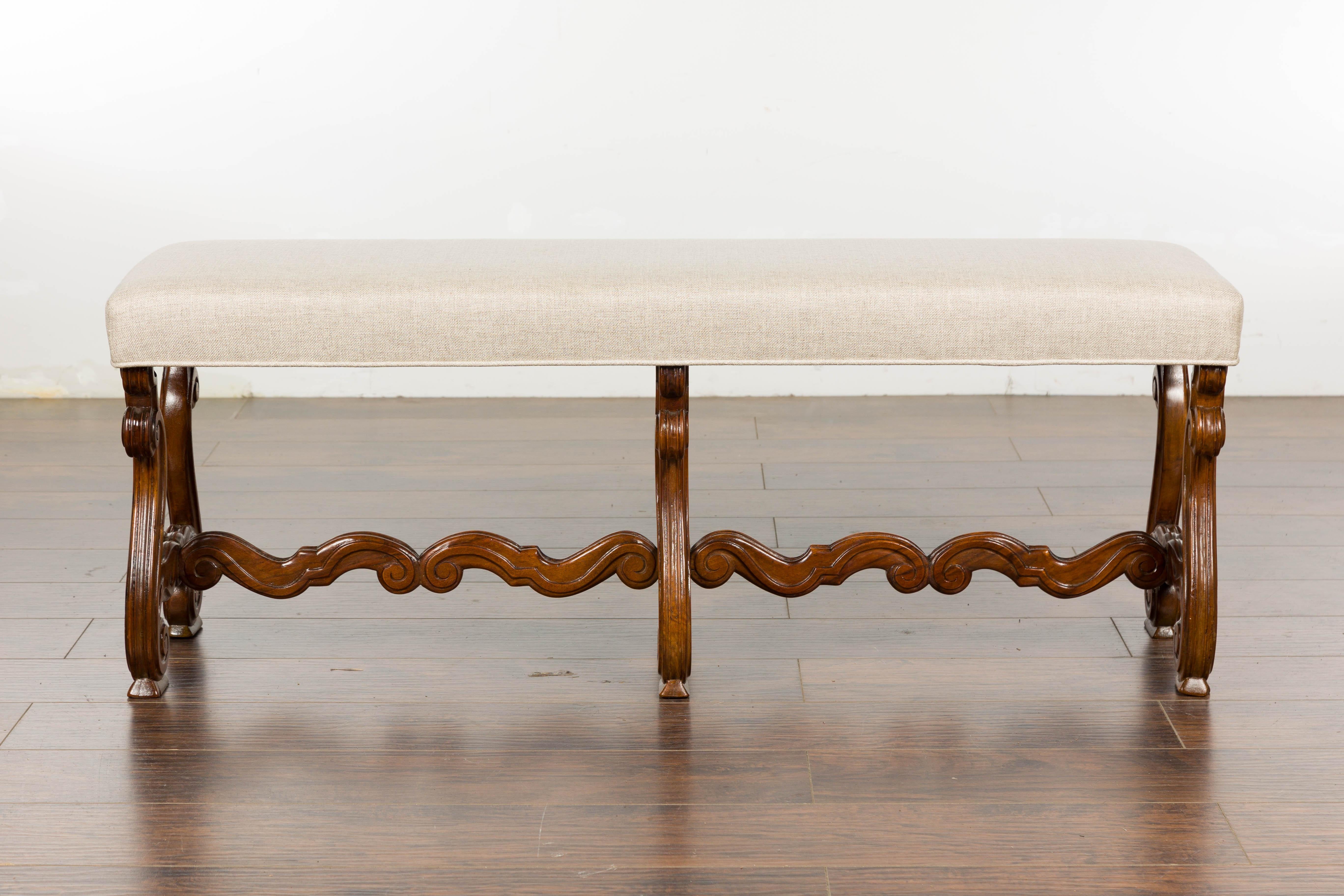 1900s Baroque Style French Walnut Upholstered Bench with Lyre Shaped Base In Good Condition In Atlanta, GA