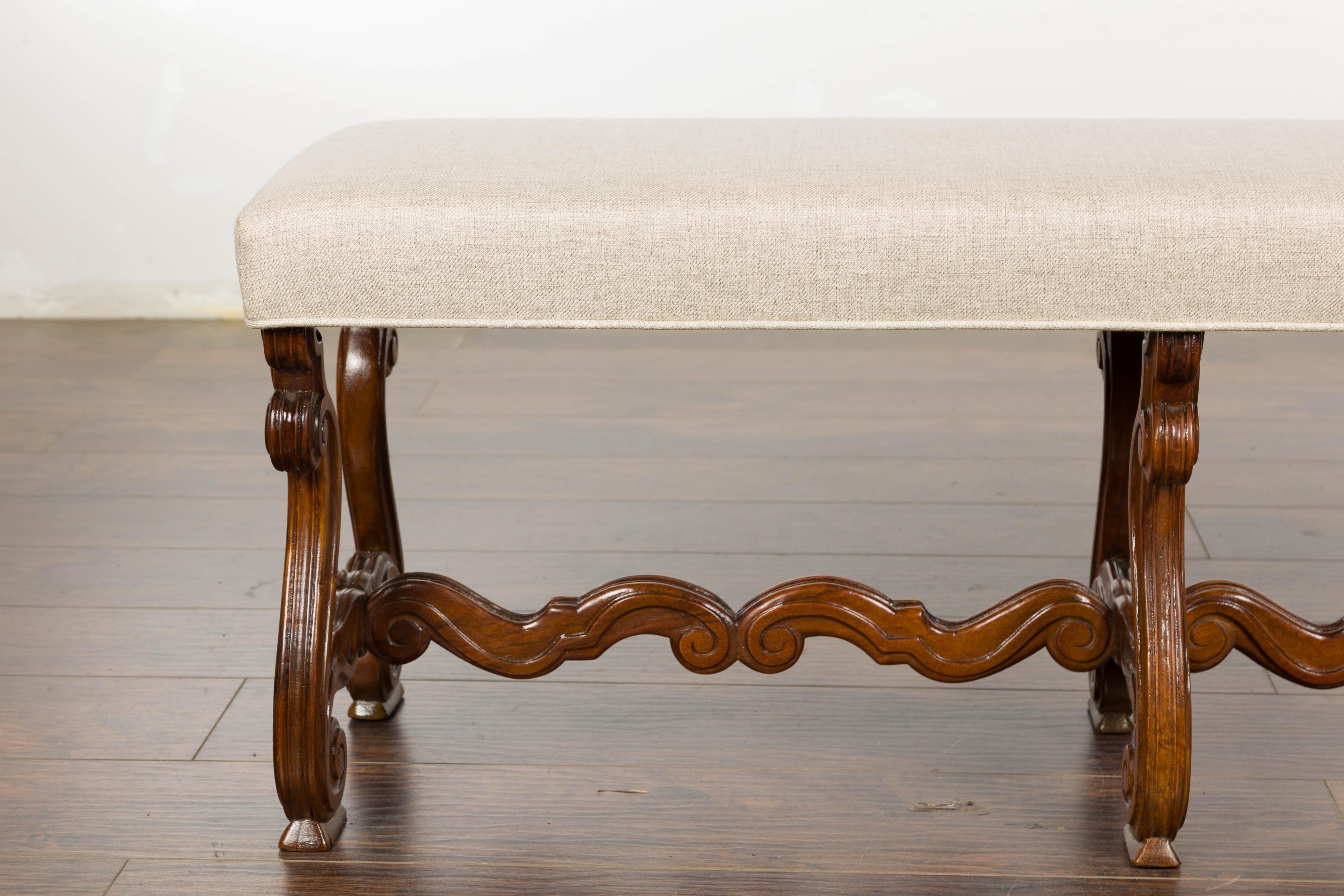 20th Century 1900s Baroque Style French Walnut Upholstered Bench with Lyre Shaped Base