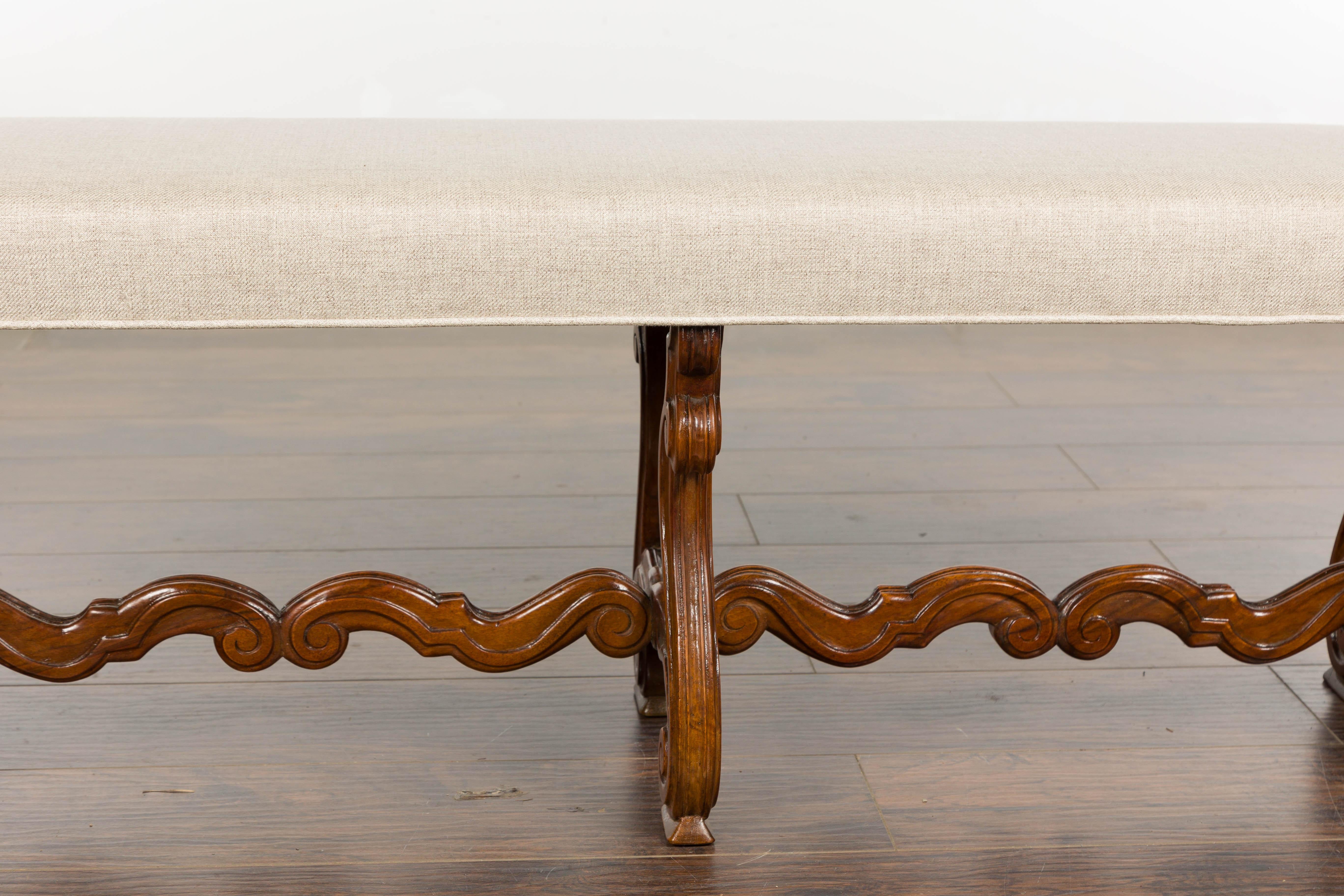 Upholstery 1900s Baroque Style French Walnut Upholstered Bench with Lyre Shaped Base
