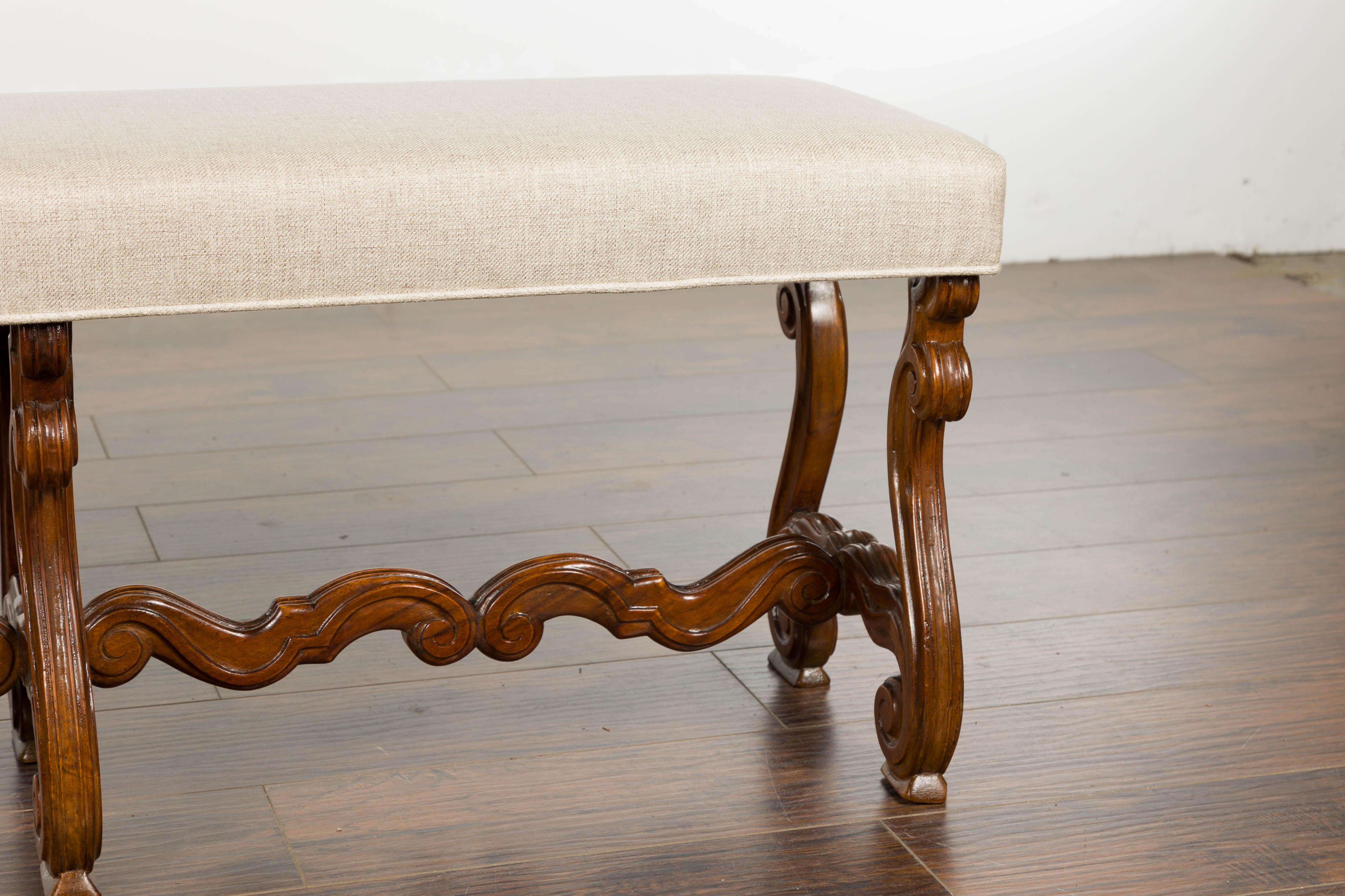 1900s Baroque Style French Walnut Upholstered Bench with Lyre Shaped Base 1