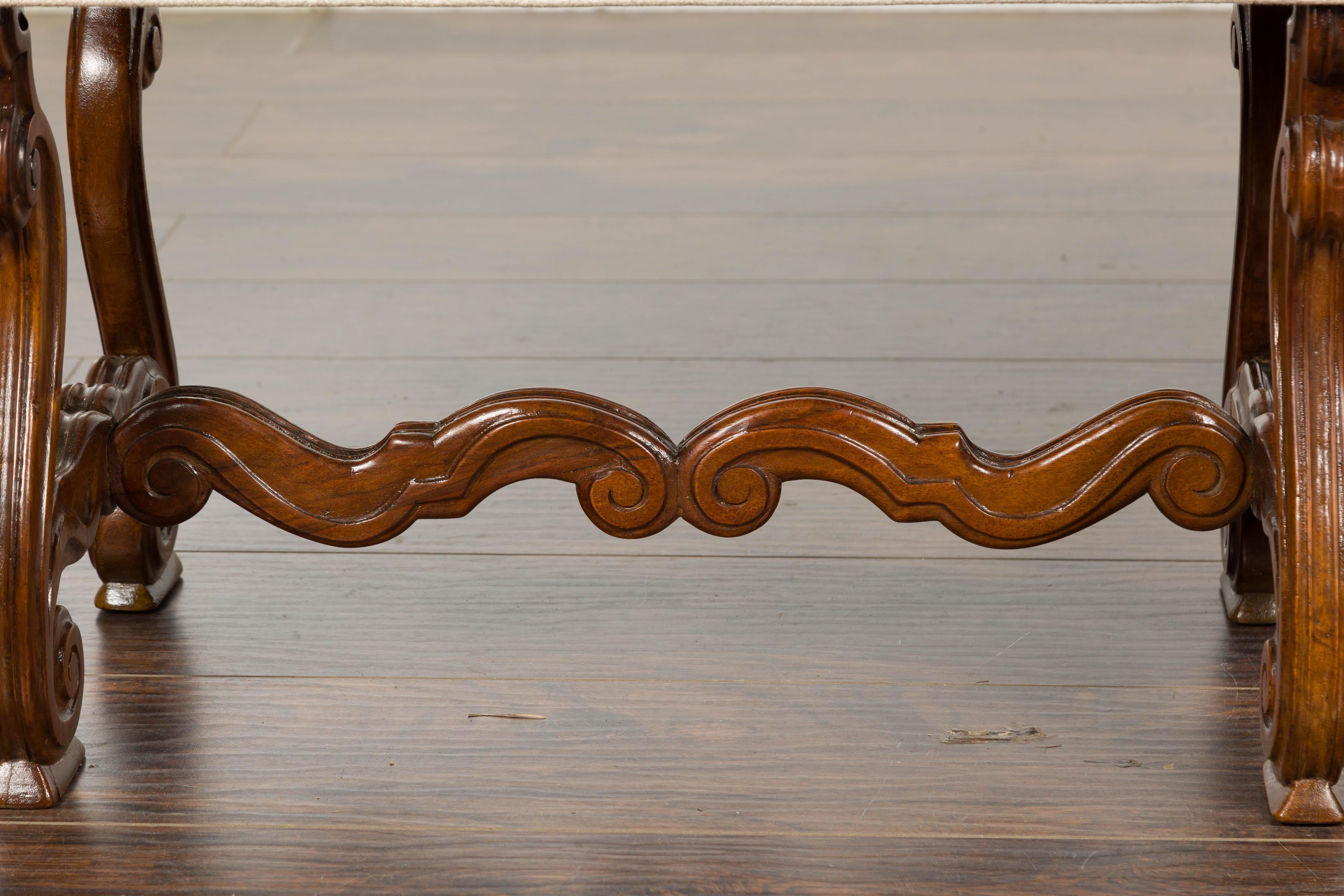 1900s Baroque Style French Walnut Upholstered Bench with Lyre Shaped Base 2