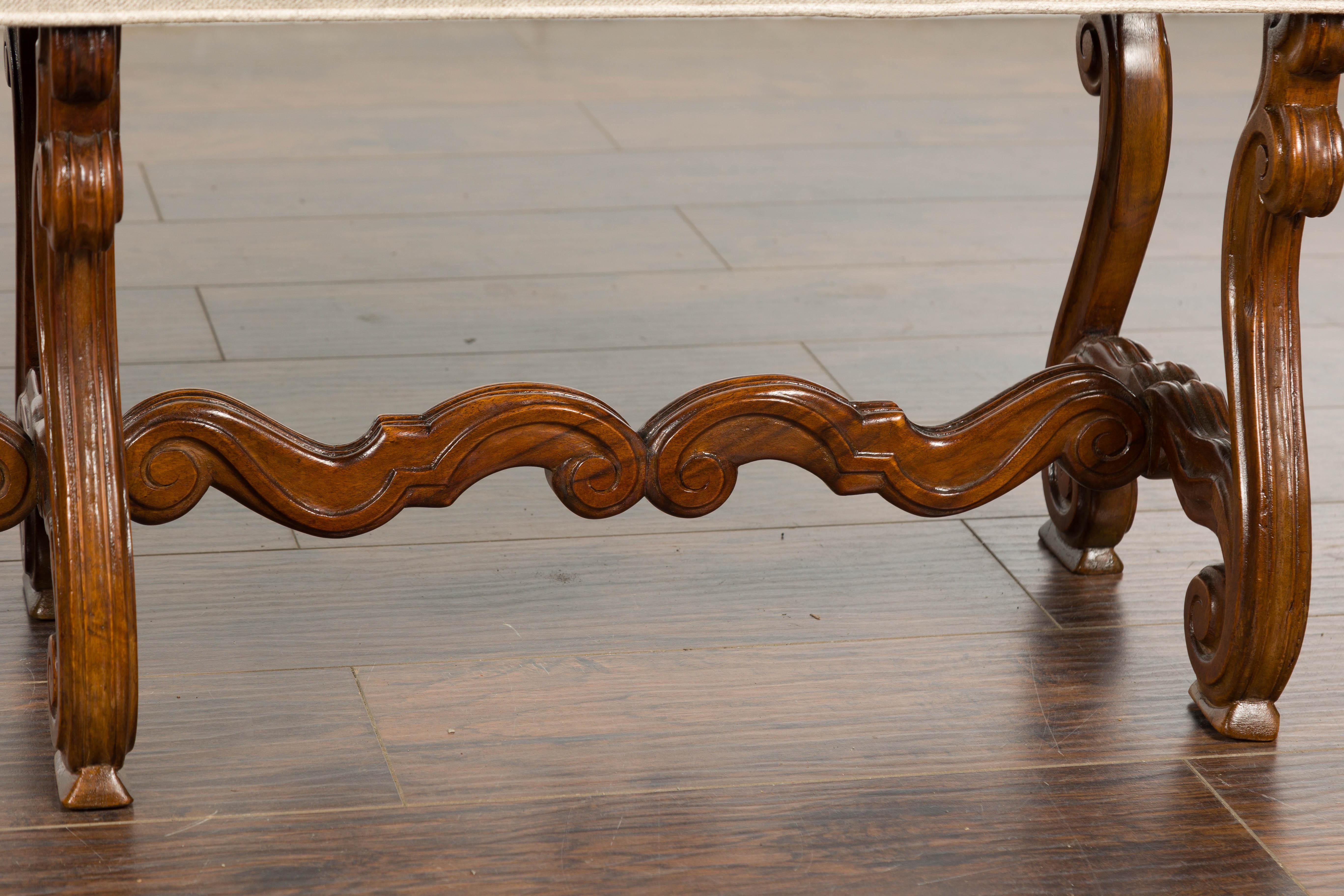 1900s Baroque Style French Walnut Upholstered Bench with Lyre Shaped Base 3