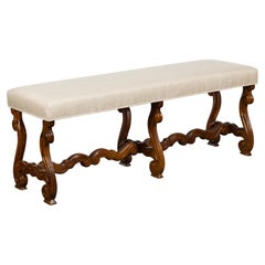 1900s Baroque Style French Walnut Upholstered Bench with Lyre Shaped Base