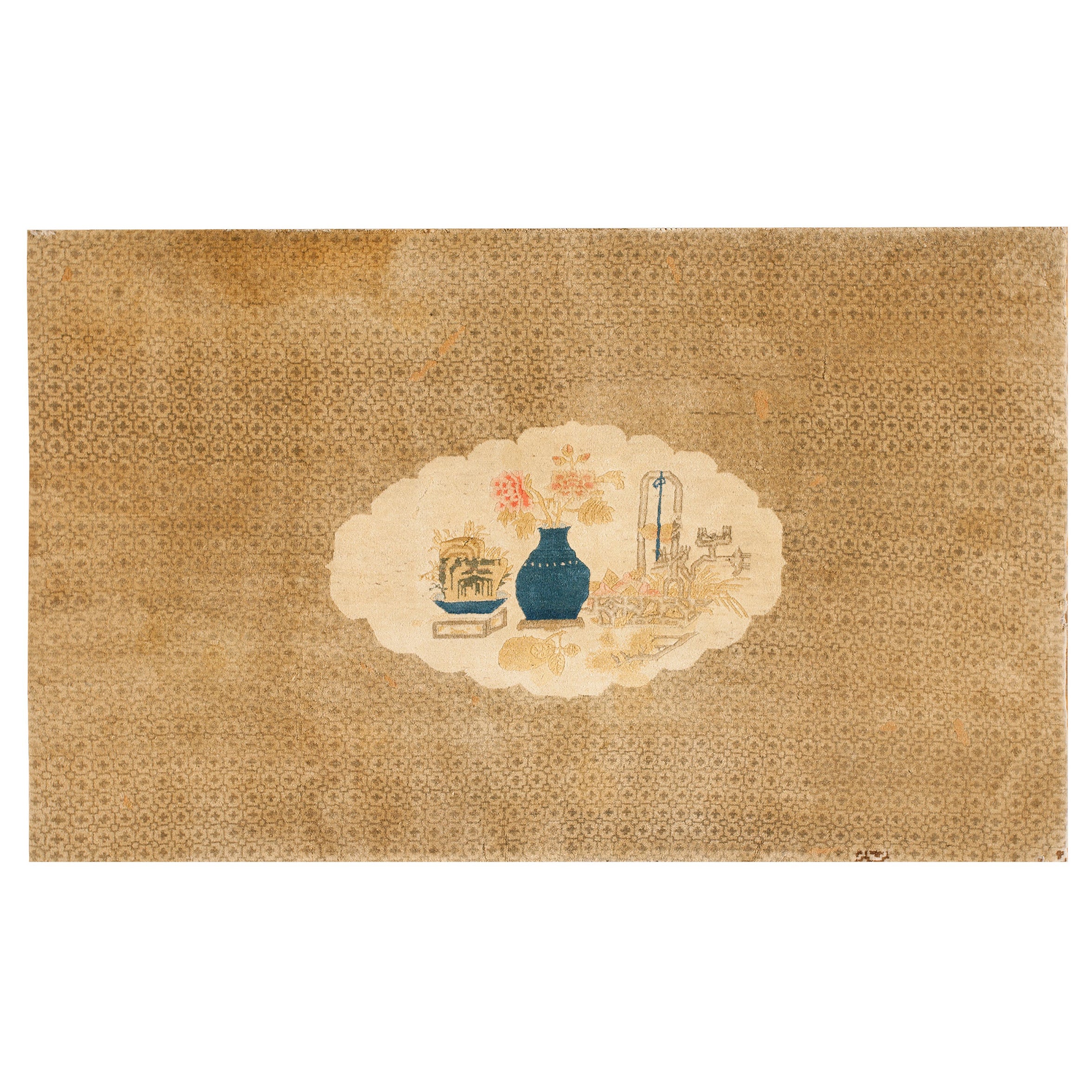 1900s Beige Floral Vase Pictorial Antique Chinese Baotou Rug 4 4" x 6
10" Carpet en vente