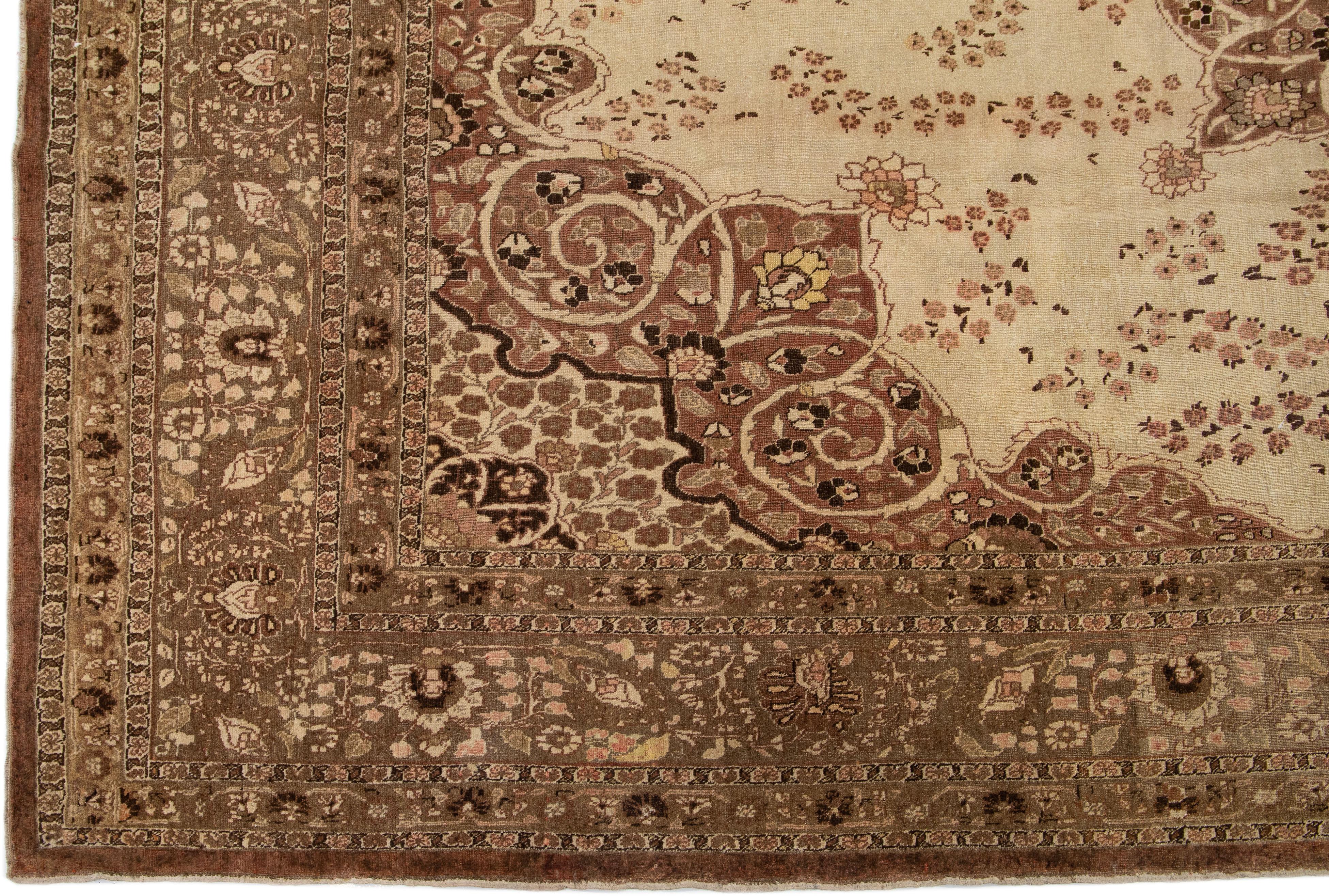1900s Beige Handmade Antique Persian Tabriz Wool Rug For Sale 1