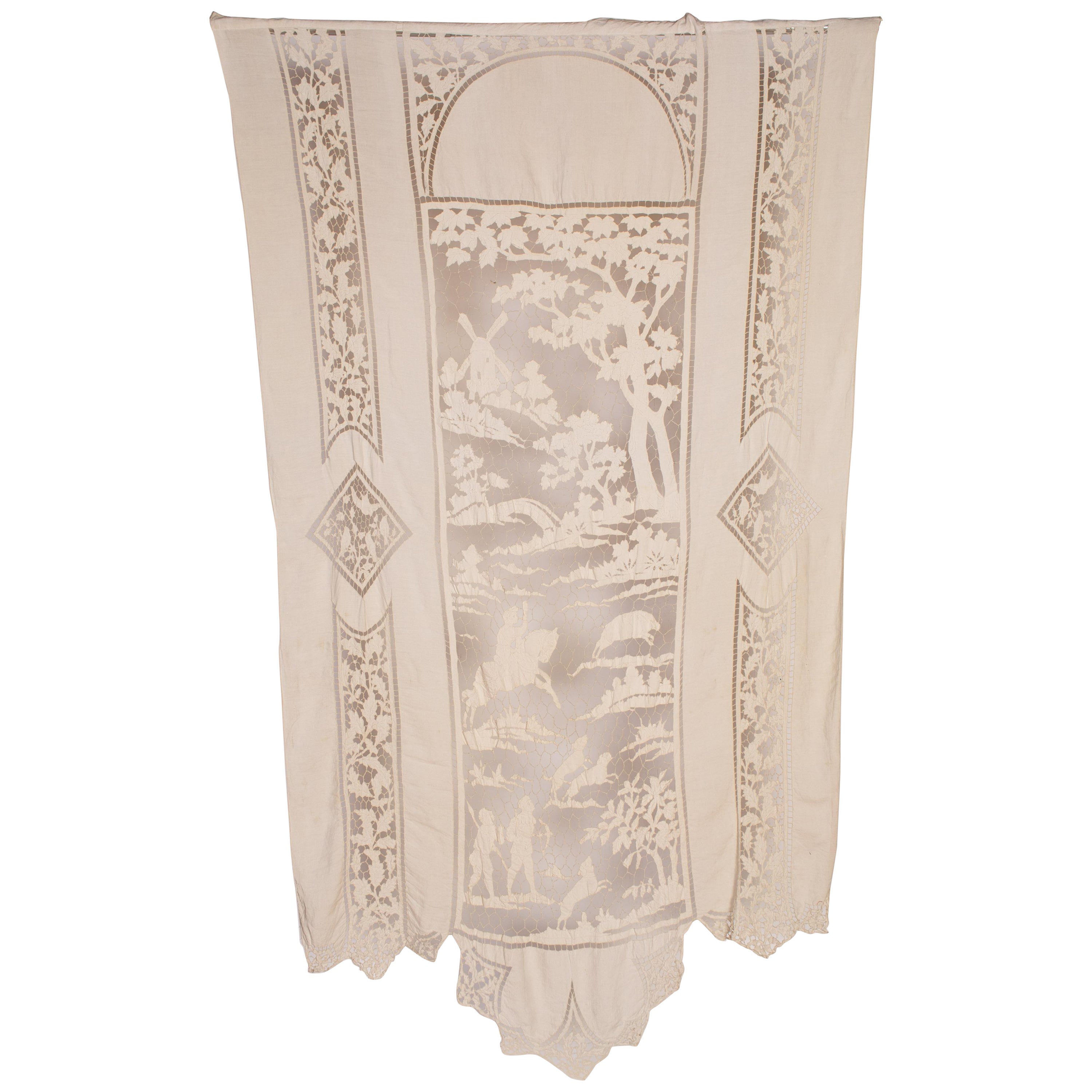 Pannello in pizzo Hand Made in lino beige del 1900 da Brussells in vendita