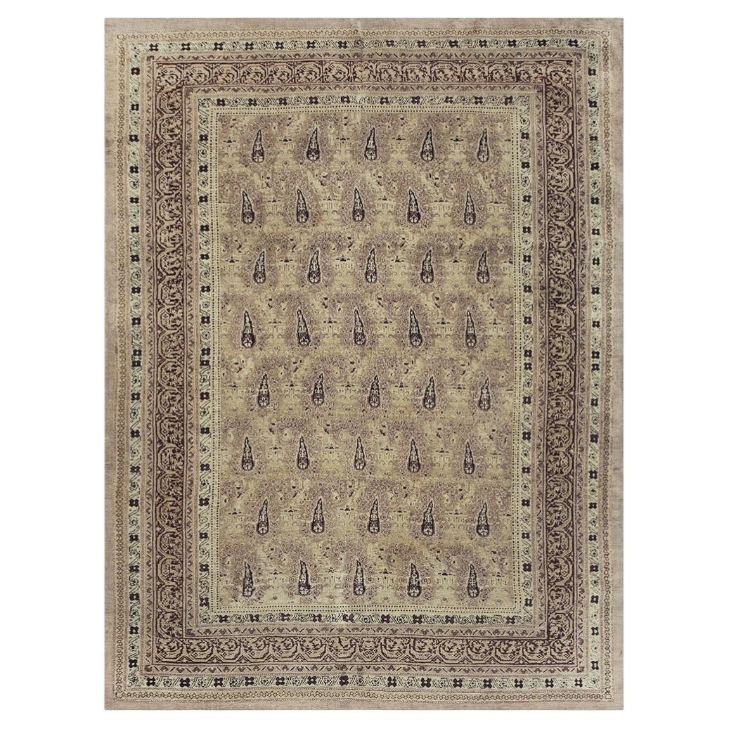 1900s Beige Paisley Floral Room Size Antique Knotted Wool Indian Agra Carpet Rug