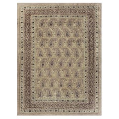 1900s Beige Paisley Floral Room Size Antique Knotted Wool Indian Agra Carpet Rug
