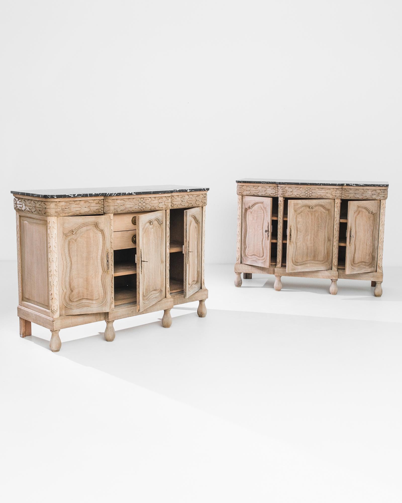 1900s Belgian Bleached Oak and Black Marble Buffets, a Pair 4