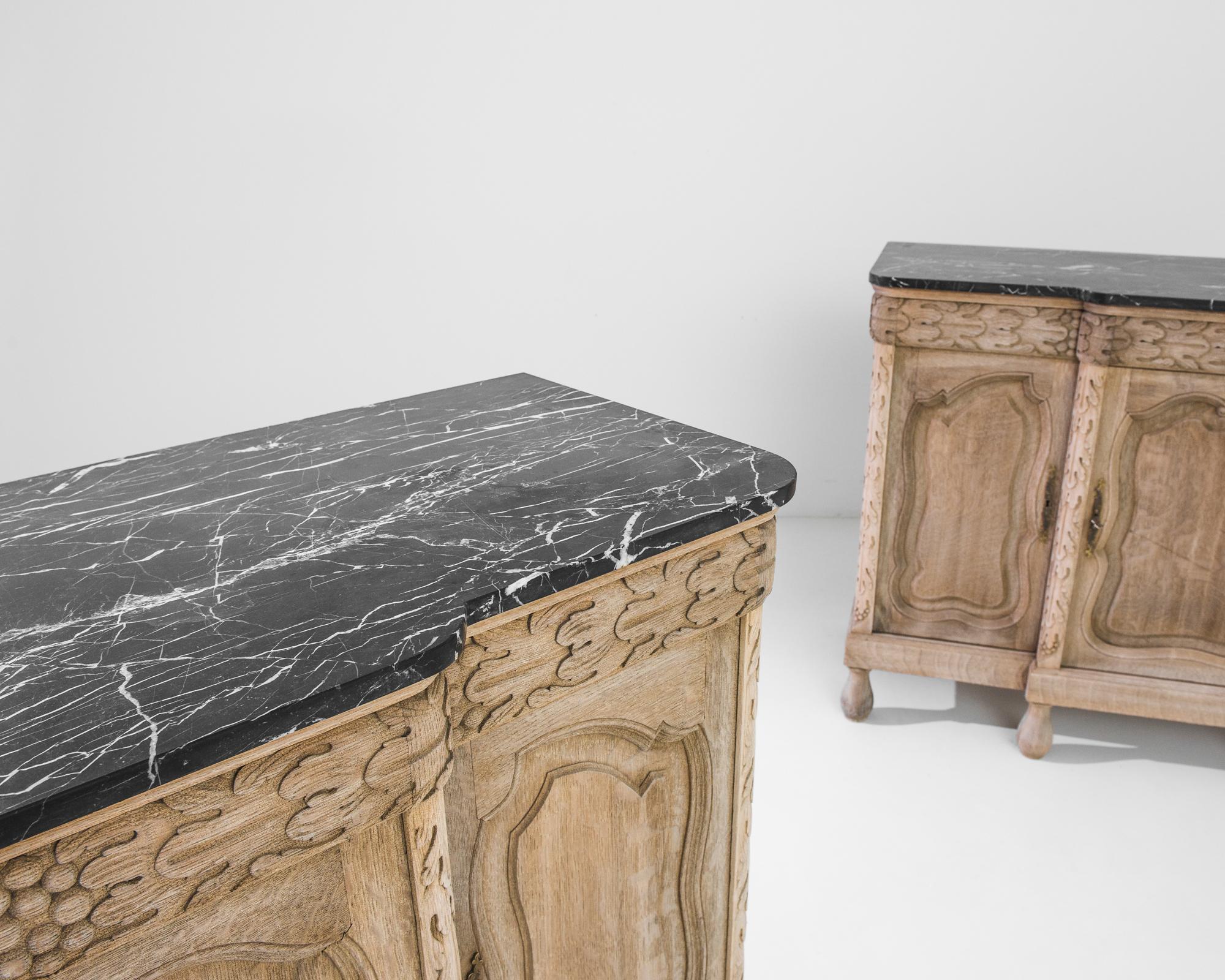 Early 20th Century 1900s Belgian Bleached Oak and Black Marble Buffets, a Pair