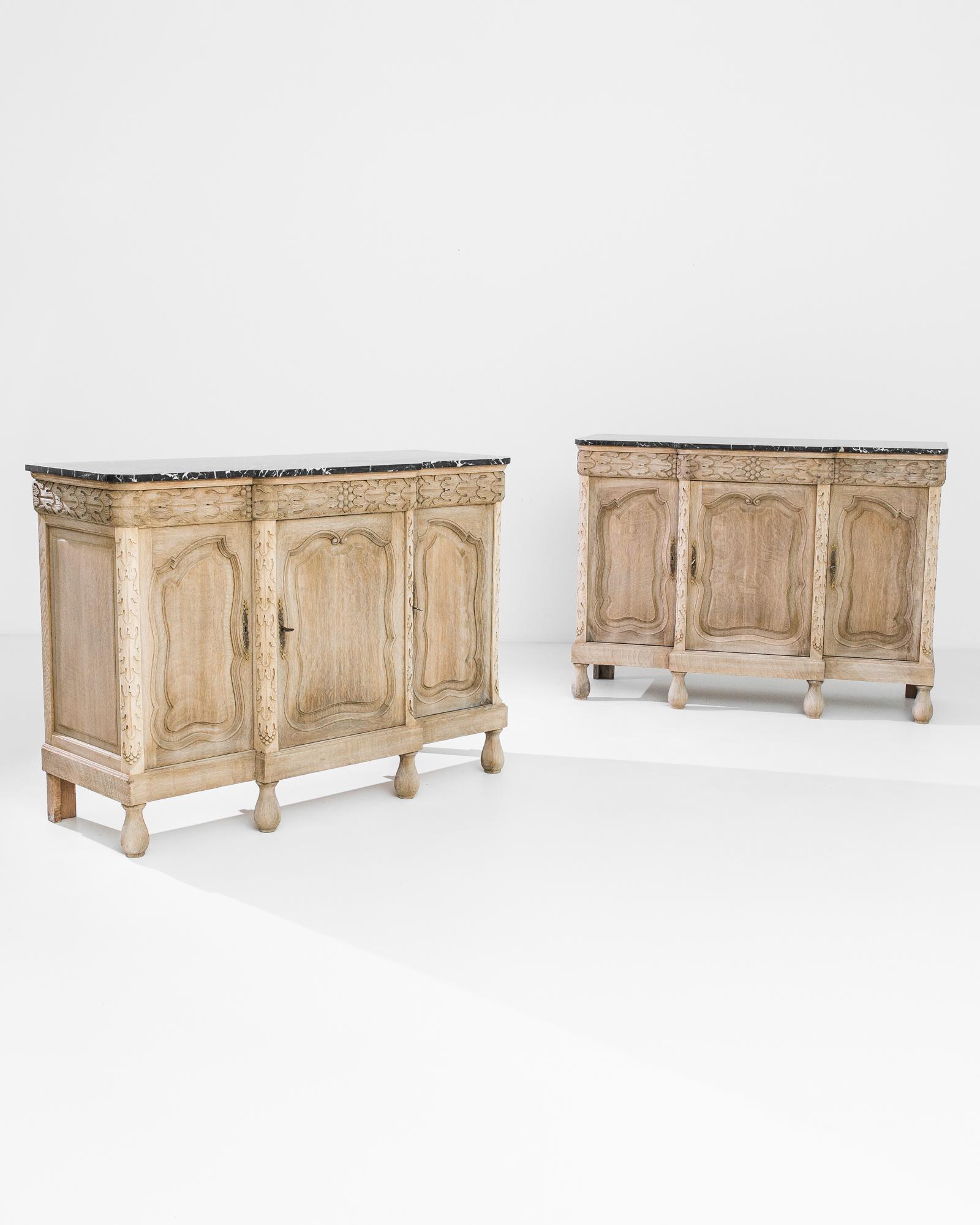 1900s Belgian Bleached Oak and Black Marble Buffets, a Pair 3