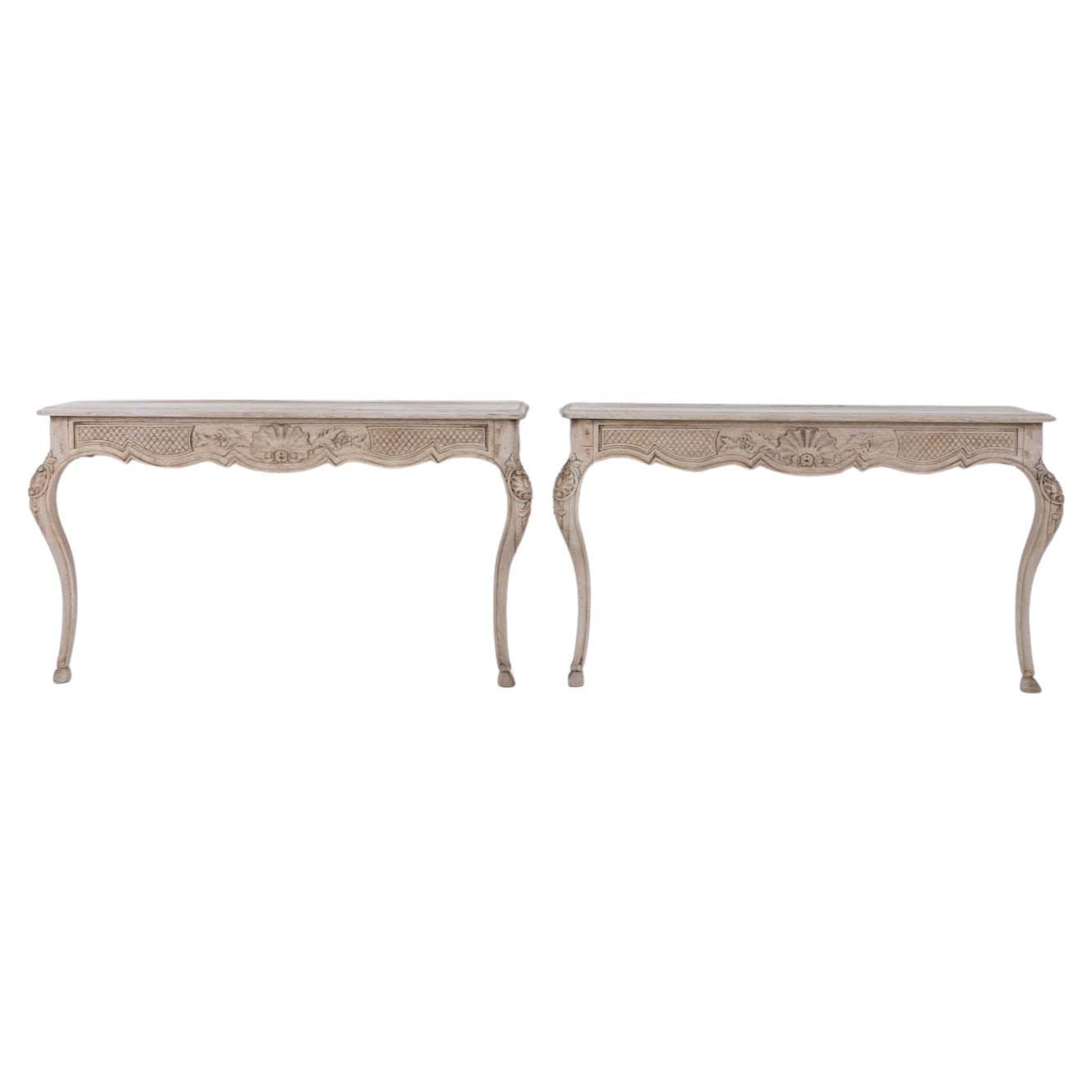 1900s Belgian Bleached Oak Console Tables, a Pair For Sale