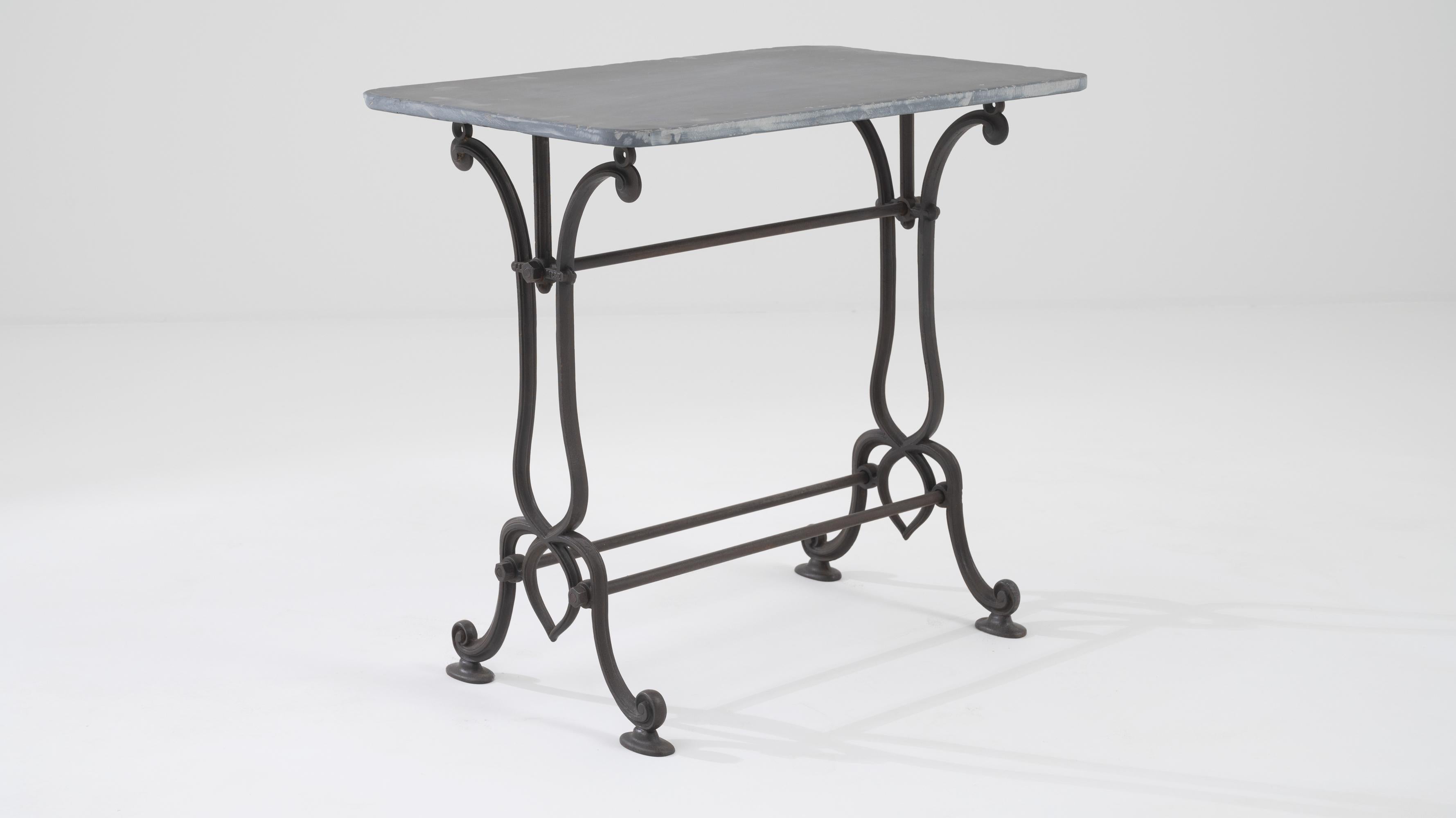 1900s Belgian Cast Iron Bistro Table with Stone Top 1