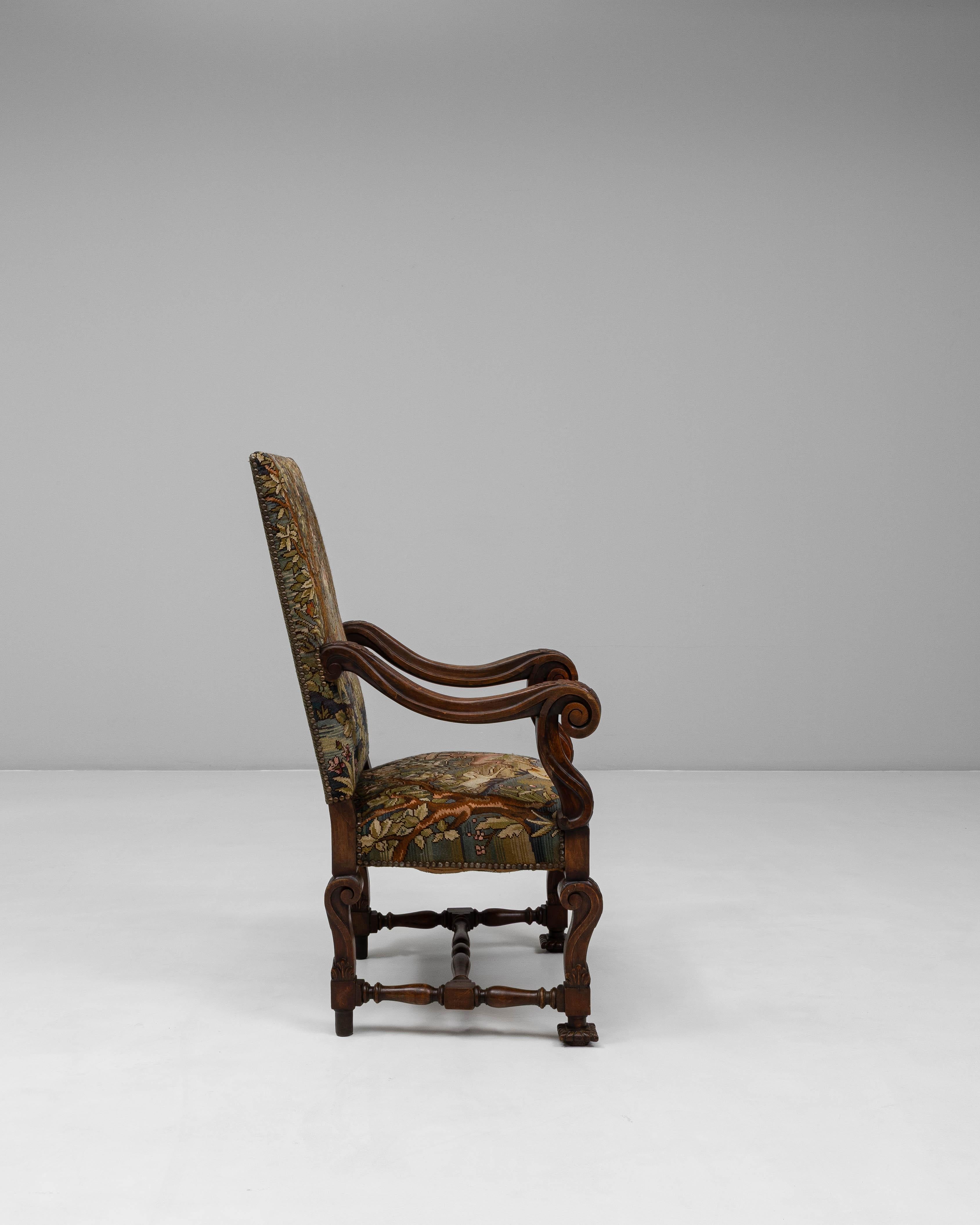 1900 Sillón belga Luis XIV tallado con tapicería de tapiz Belga en venta