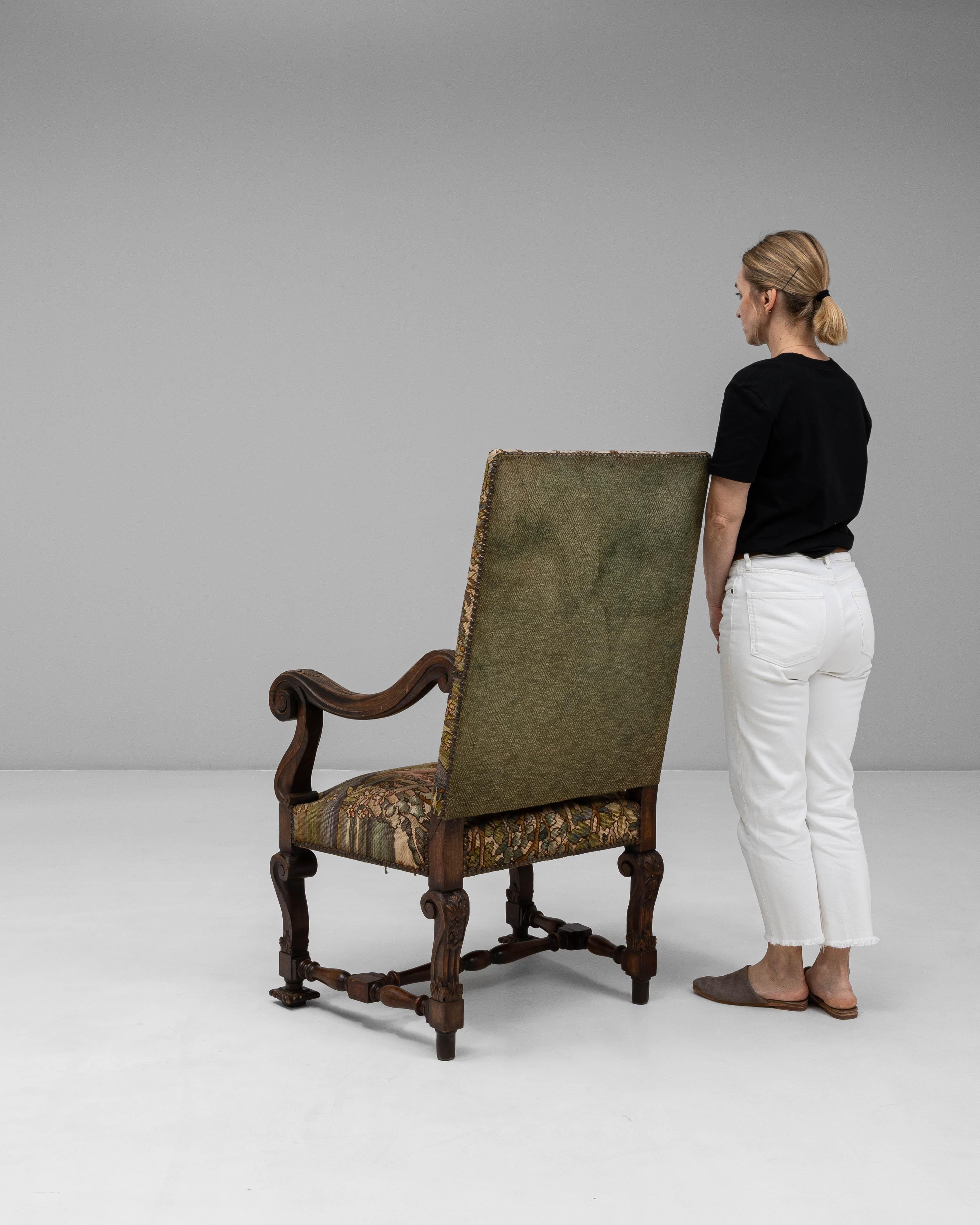 1900 Sillón belga Luis XIV tallado con tapicería de tapiz Tapiz en venta