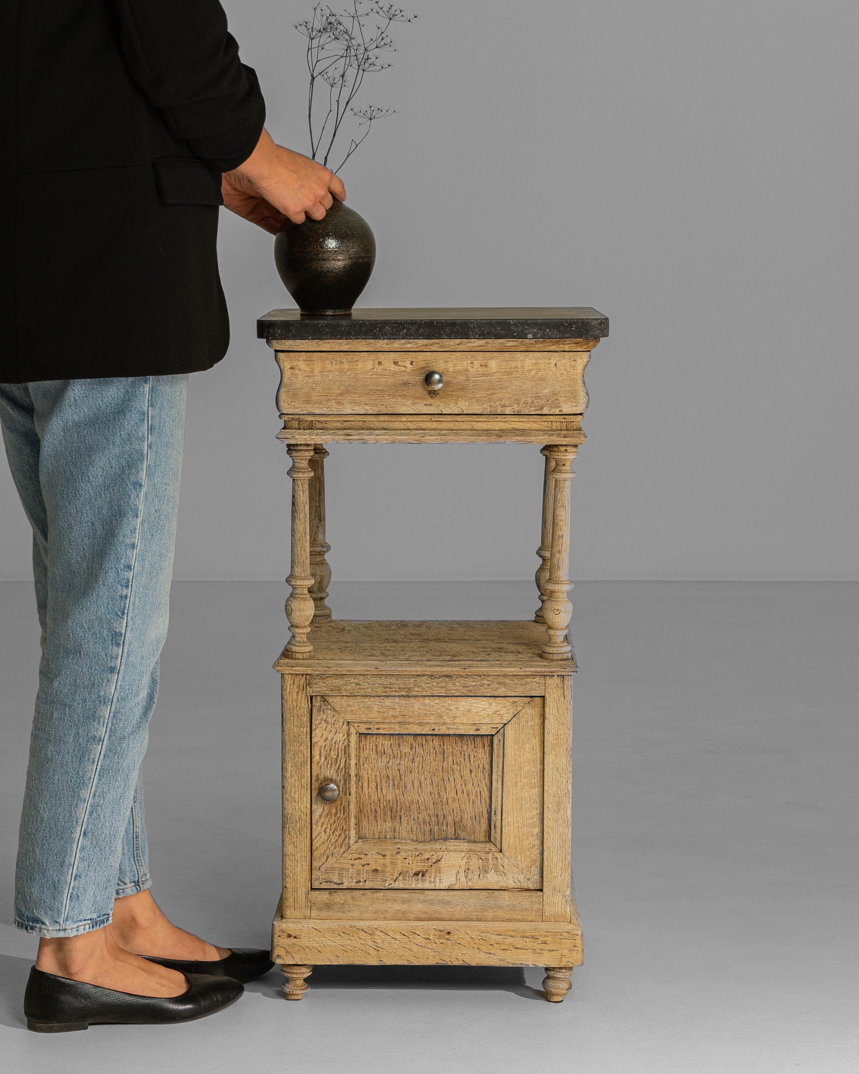 1900s Belgian Louis XVI Oak Bedside Table With Bluestone Top In Good Condition For Sale In High Point, NC