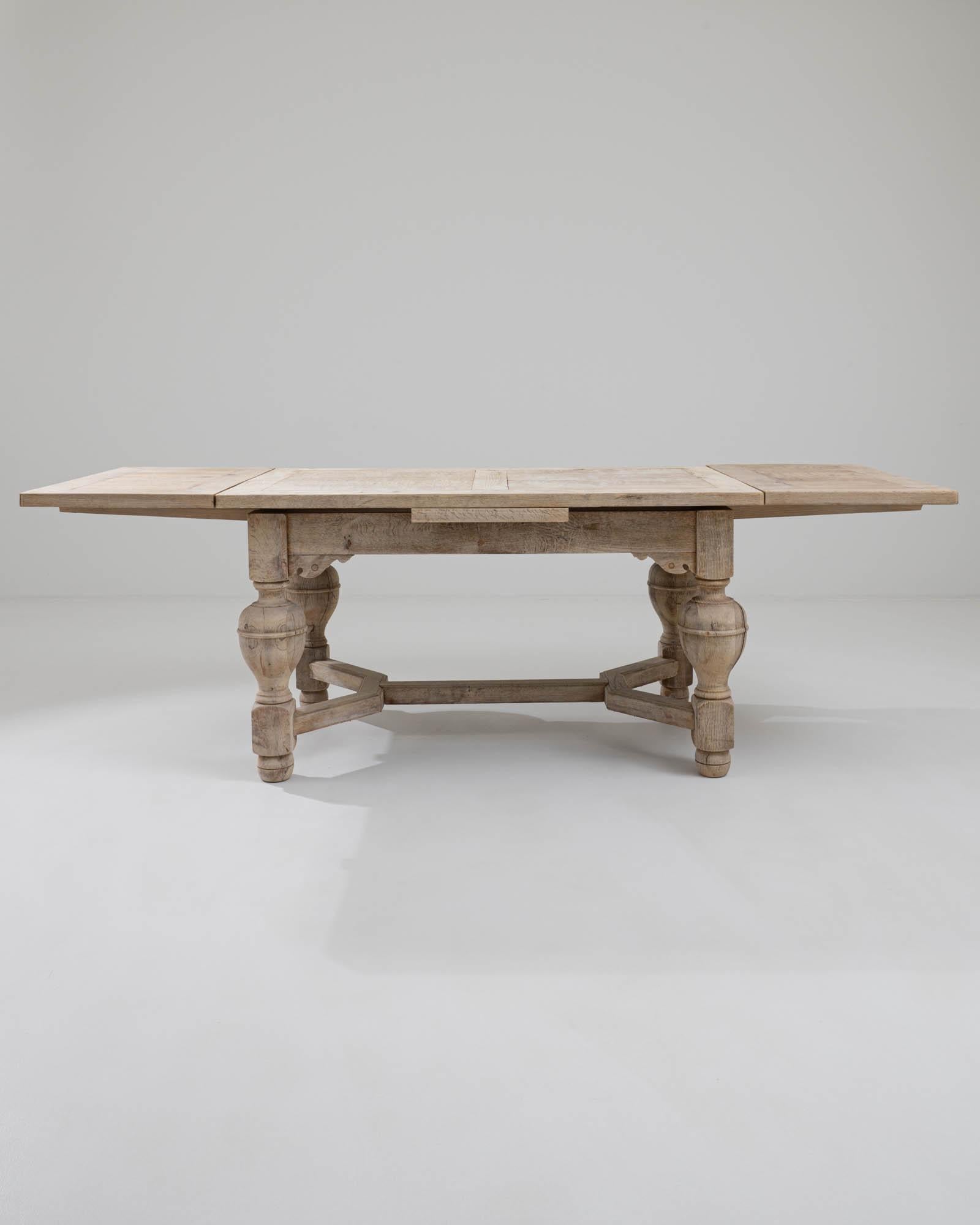 Bleached 1900s Belgian Pull Leaf Oak Dining Table