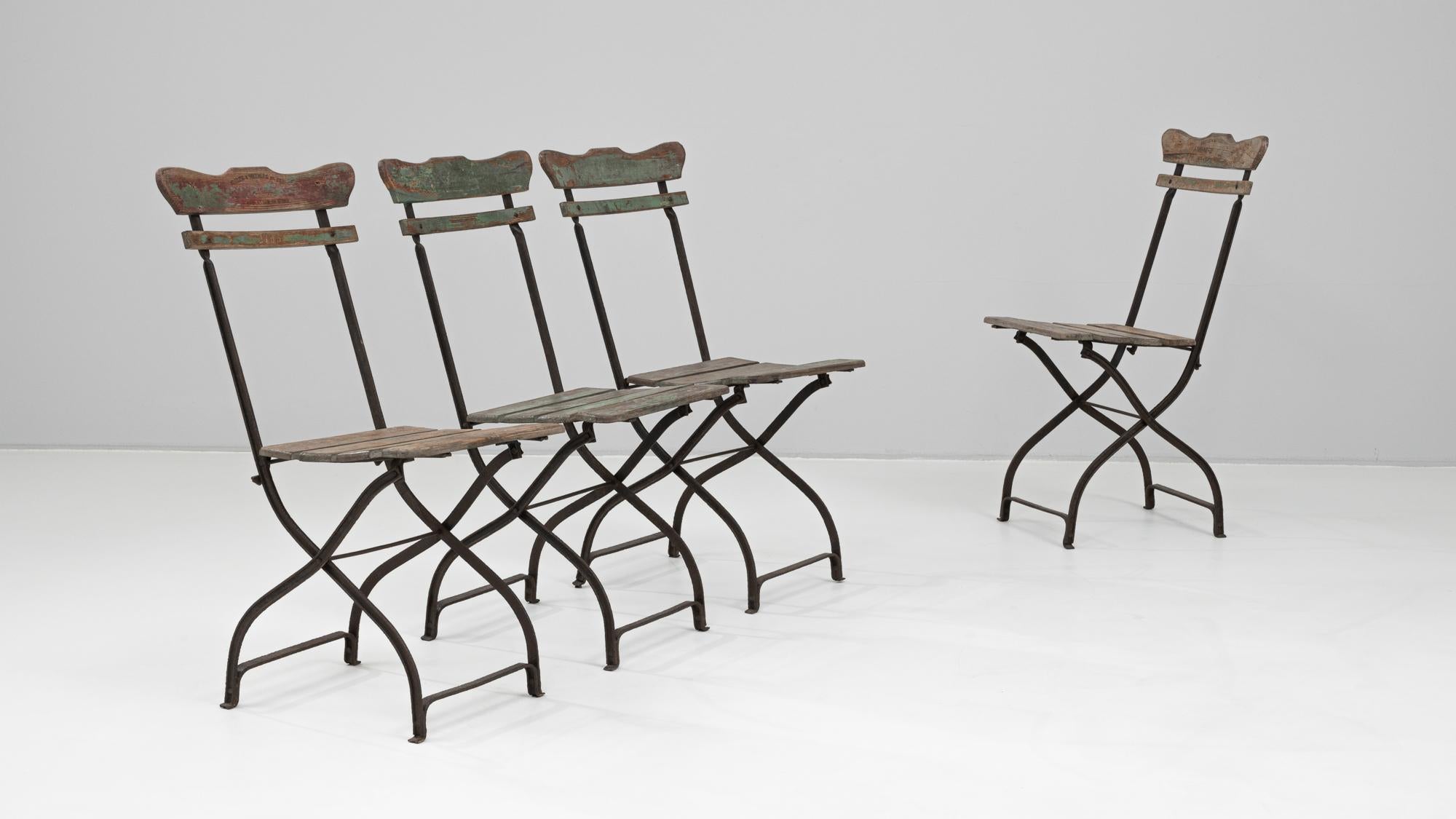 1900s Belgian Set Of Four Metal & Wooden Garden Chairs For Sale 1