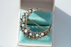 1900's Belle Epoque Diamond Pearl Crescent Moon Brooch 18K Solid Gold