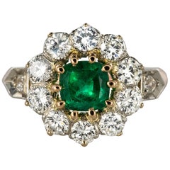 1900s Belle Époque Emerald Diamonds 18 Karat Rose Gold Platinium Daisy Ring