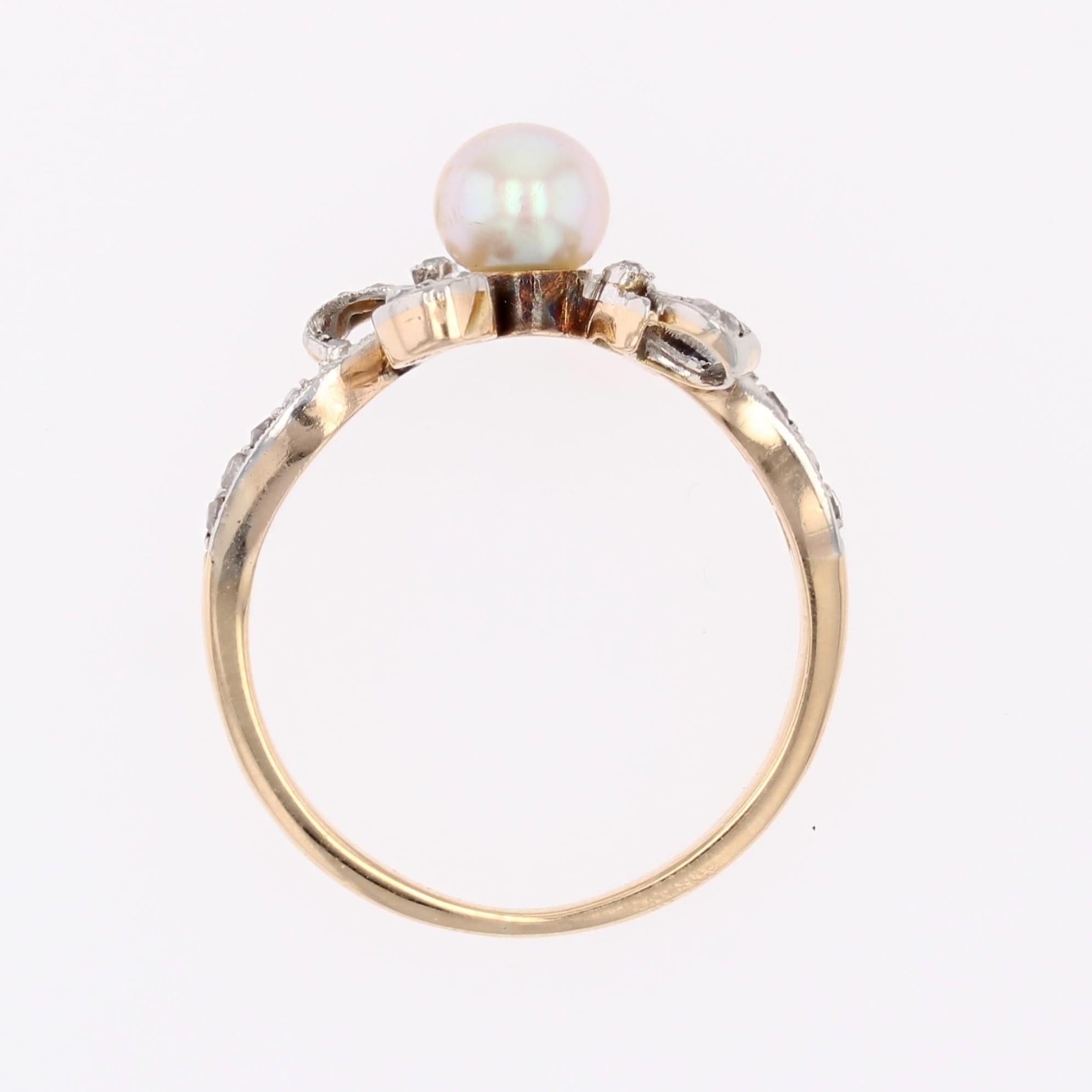 Anello Belle Epoque del 1900 con diamanti e perle in oro giallo 18 carati e platino in vendita 4