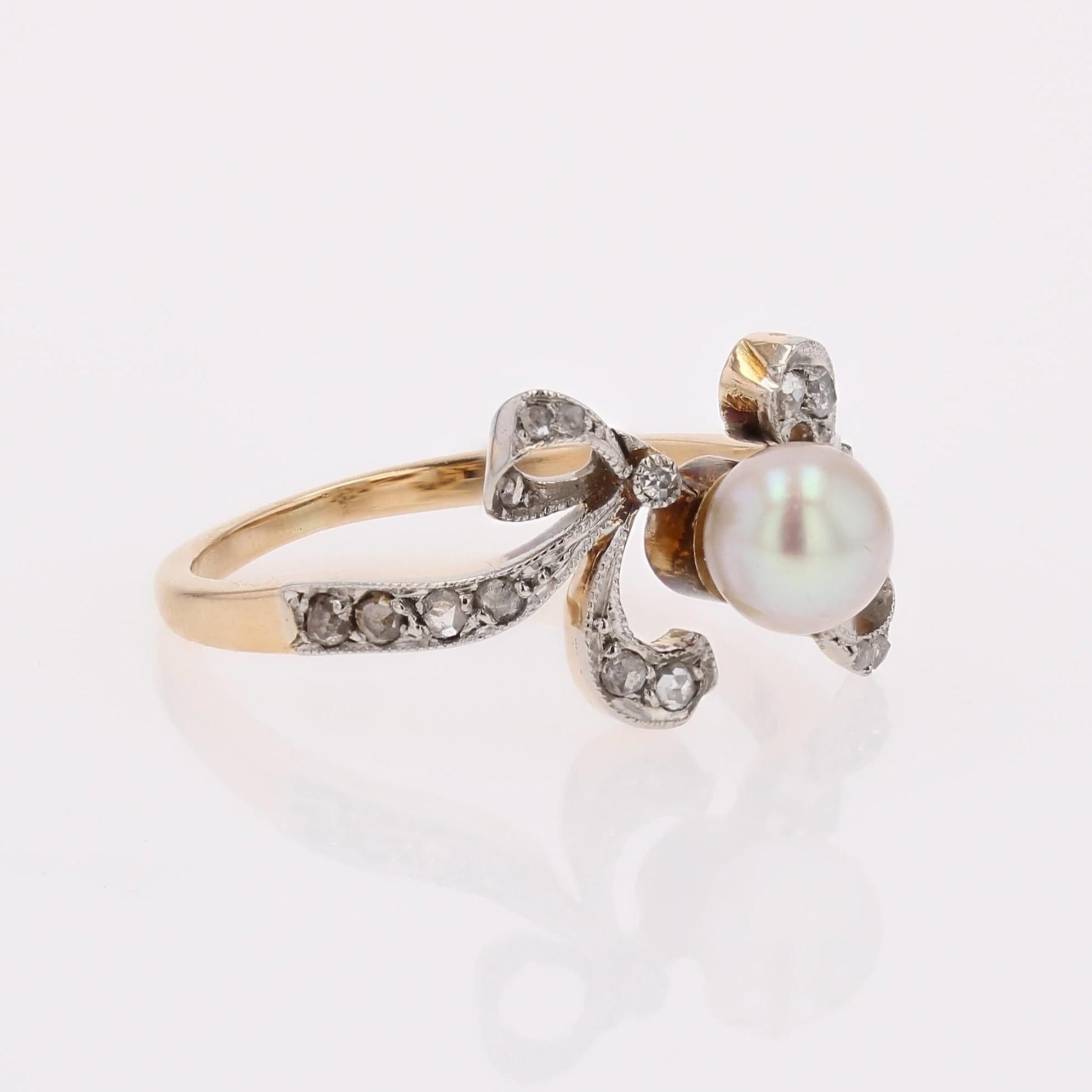 Anello Belle Epoque del 1900 con diamanti e perle in oro giallo 18 carati e platino in vendita 3