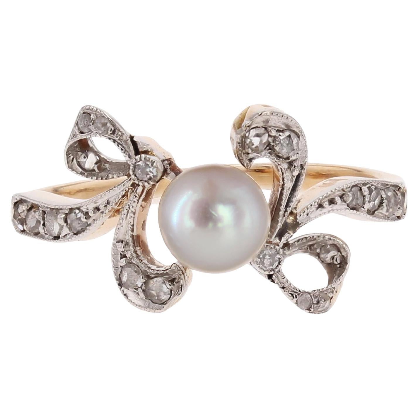 1900er Belle Epoque Feine Perle Diamanten 18 Karat Gelbgold Platin Ring