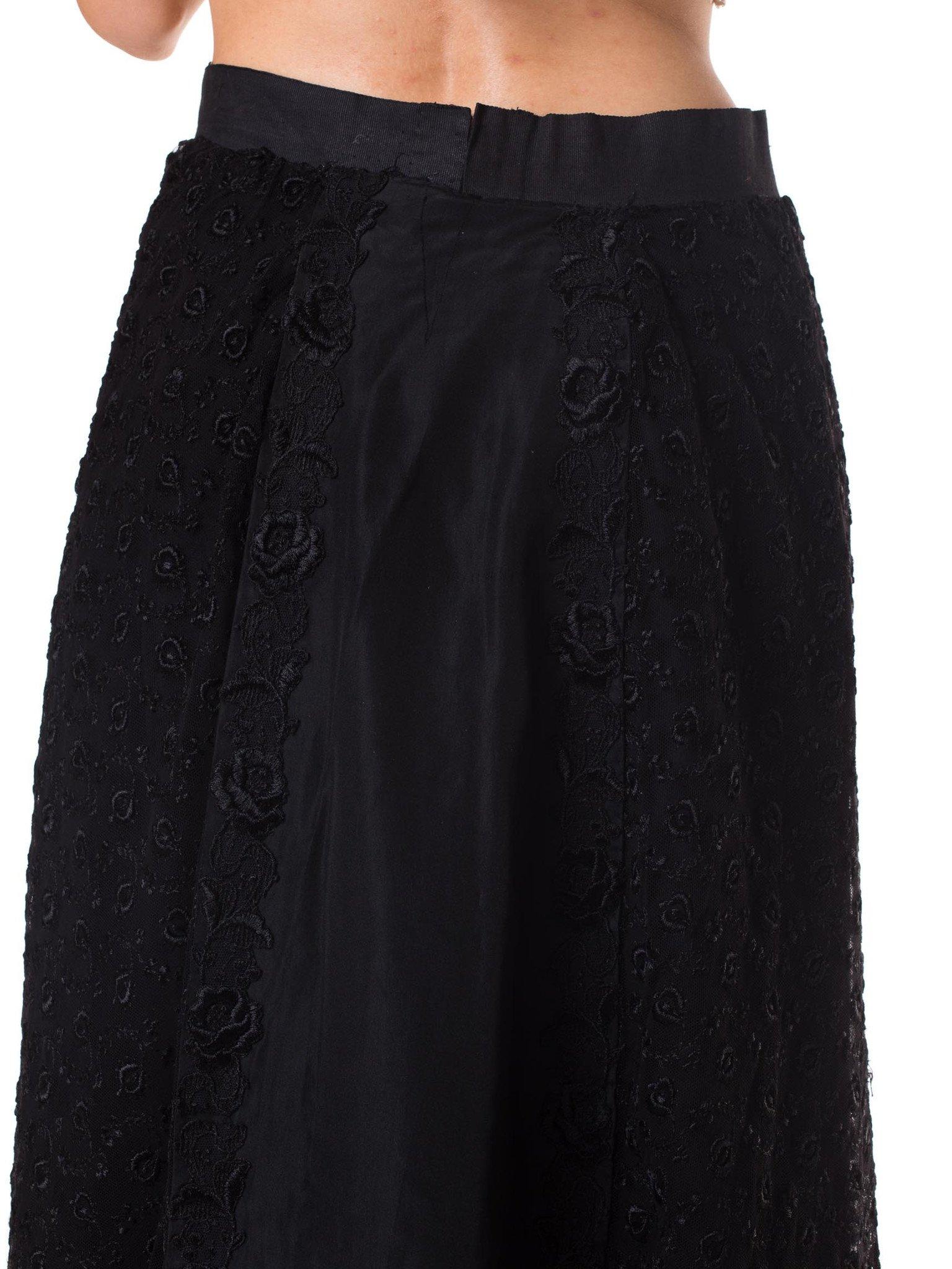 Edwardian Black Silk & Lace Border Embroidered Skirt For Sale 4